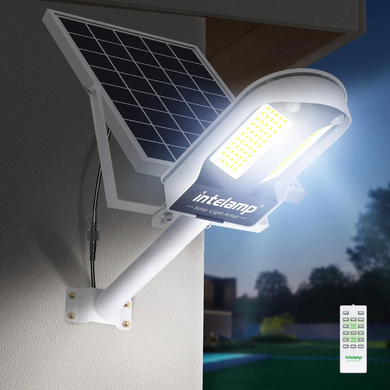 INTELAMP Lampione Solare LED Esterno, 12500mAh Faro Con Pannello Solare da Esterno, IP65 Impermeabile Faretto LED con Sensore di Movimento, 3000LM/6500K Luci da Esterno per Giardino, Terrazza, Garage