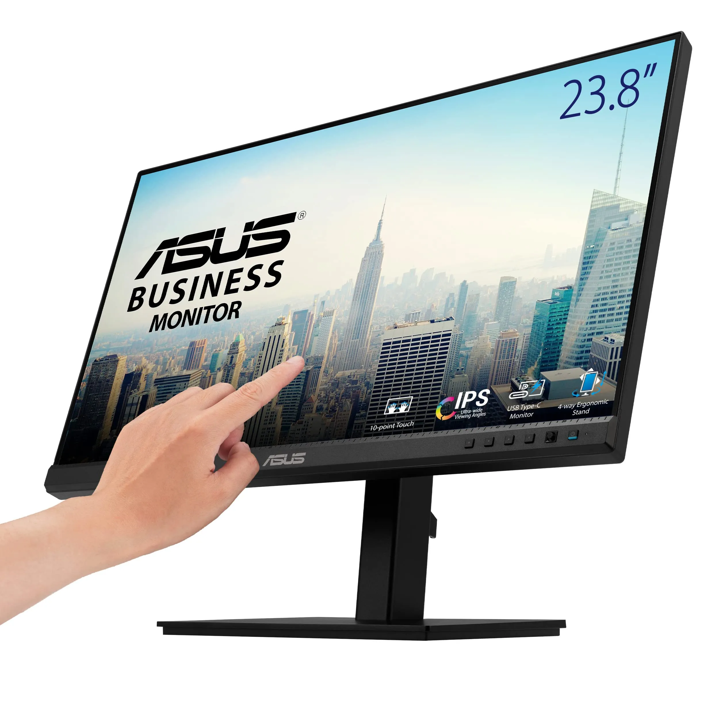 ASUS BE24ECSBT Monitor Touchscreen 24”, Full HD, Multi Touch a 10 Punti, IPS, USB-C, HDMI, DisplayPort in Serie, Altezza Regolabile, Stand Ergonomico, Tecnologia Eye Care e Anti-Sfarfallio, Nero