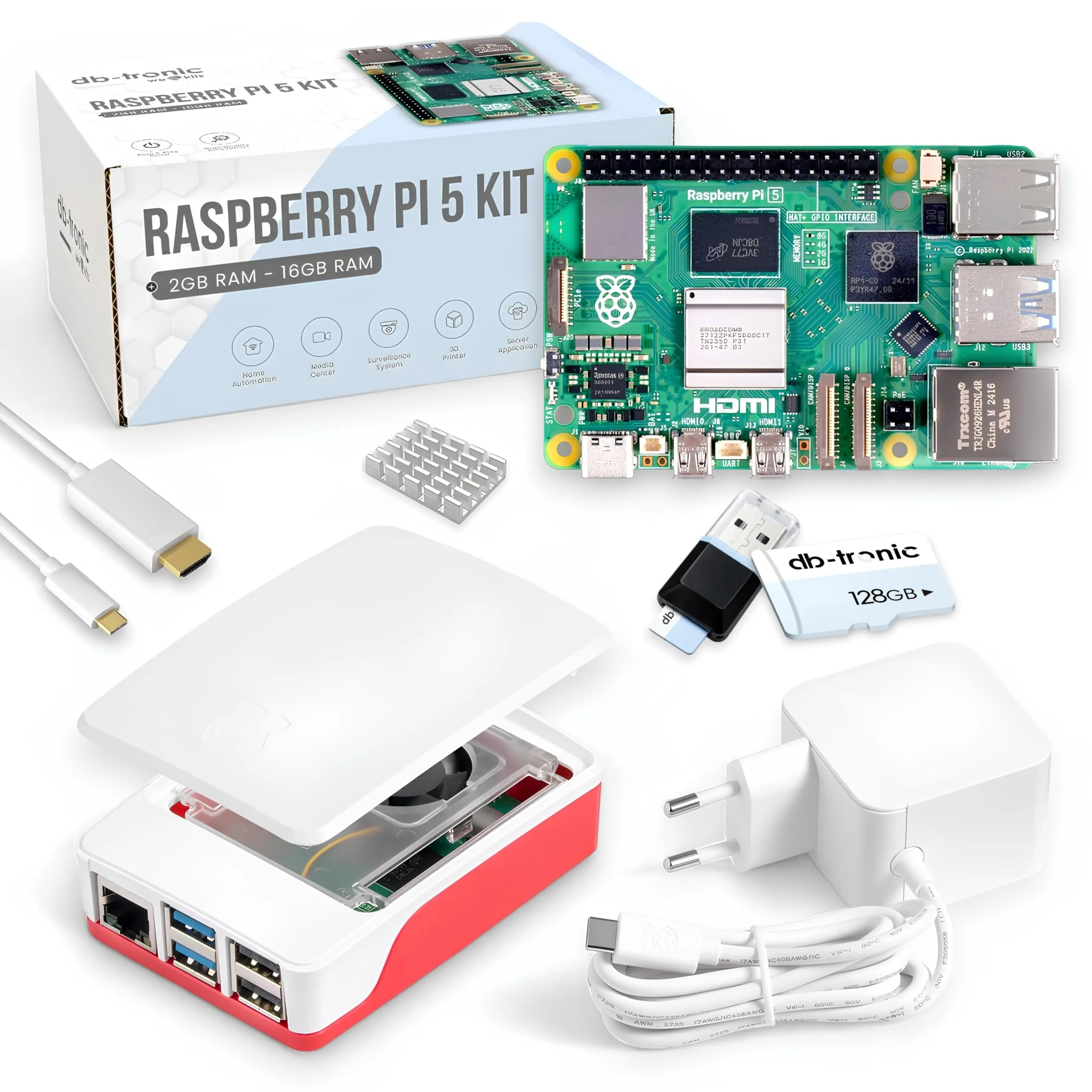 Raspberry Pi 5 8 GB Starter Kit | Alimentatore Ufficiale USB-C 27 W | Alloggiamento Ufficiale con Ventola | Scheda di memoria da 128 GB | Lettore di schede USB | Cavo Micro HDMI