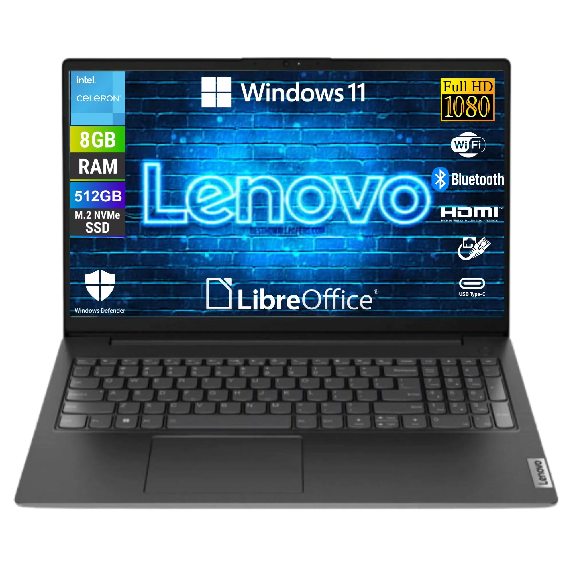 Lenovo, Notebook Pc Portatile, Display 15,6" Full HD, Intel N4500 2 Core Fino a 2.8 Ghz, Ram 16 GB DDR4, 512 GB SSD NVMe, Win 11 Pro, Pronto all'uso