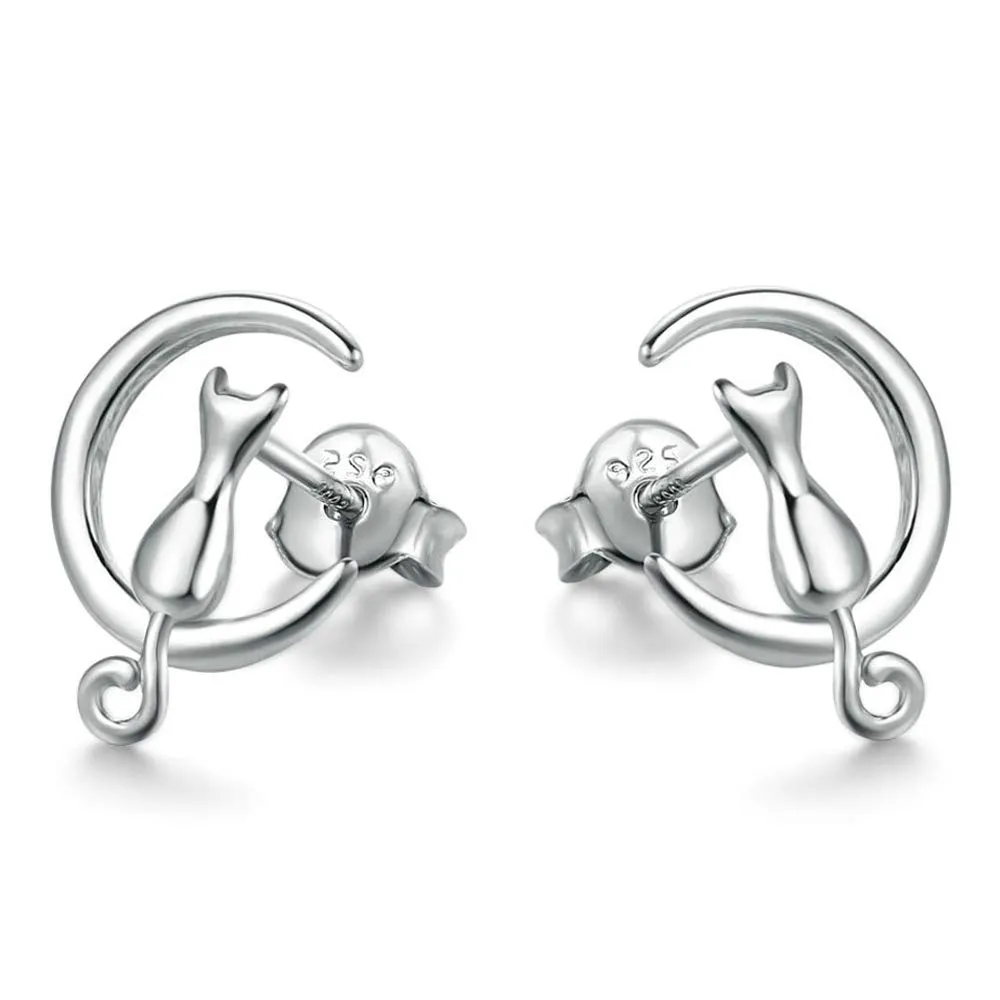 Epoch World Orecchini Donna Argento 925, Orecchini Gatto e Luna Donna Bambina Piccoli