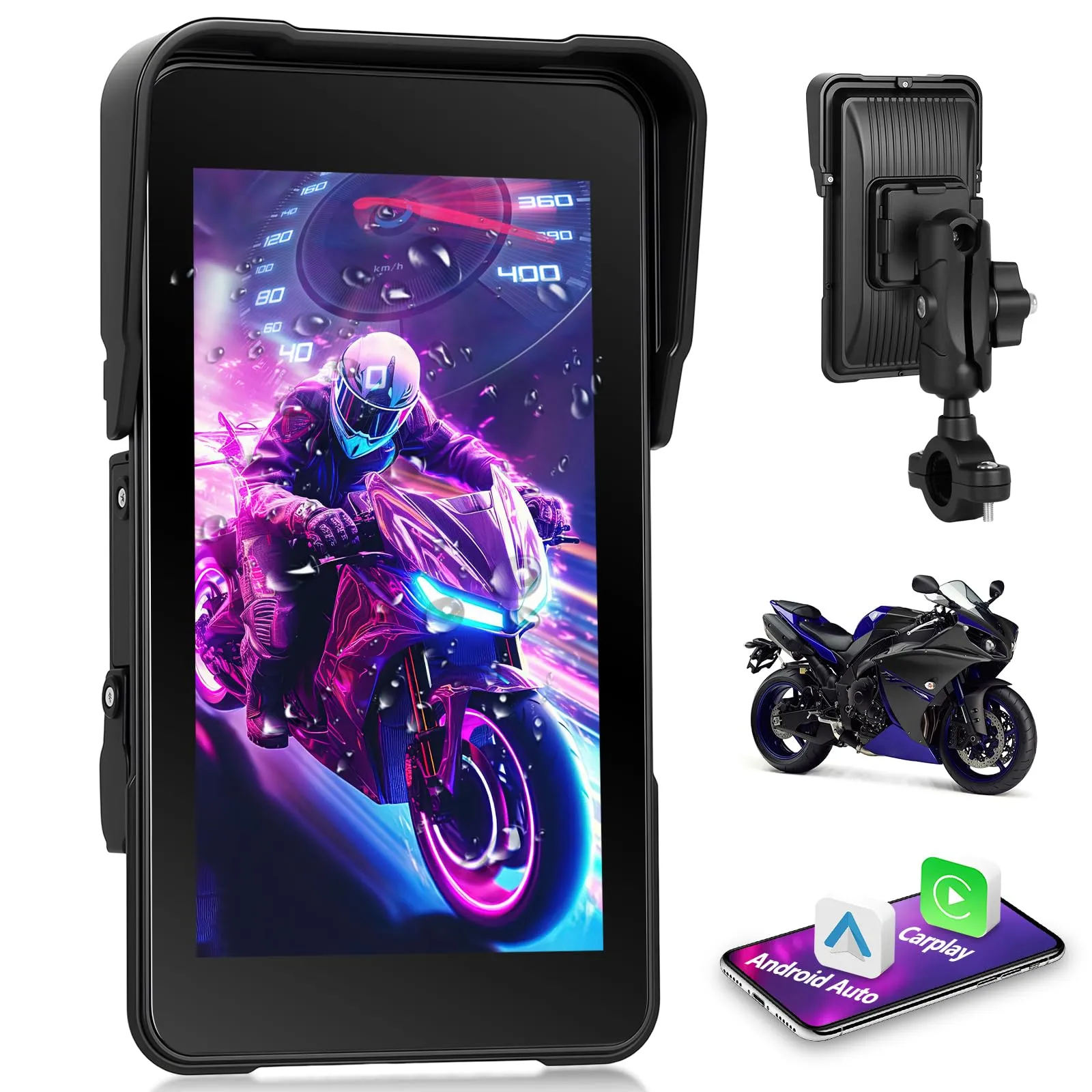 Navigatore per moto Motorsi con A-pple CarPlay e Android Auto Wireless, Autoradio Portatile Touchscreen HD da 5 Pollici con Bluetooth FM, Impermeabile IP68