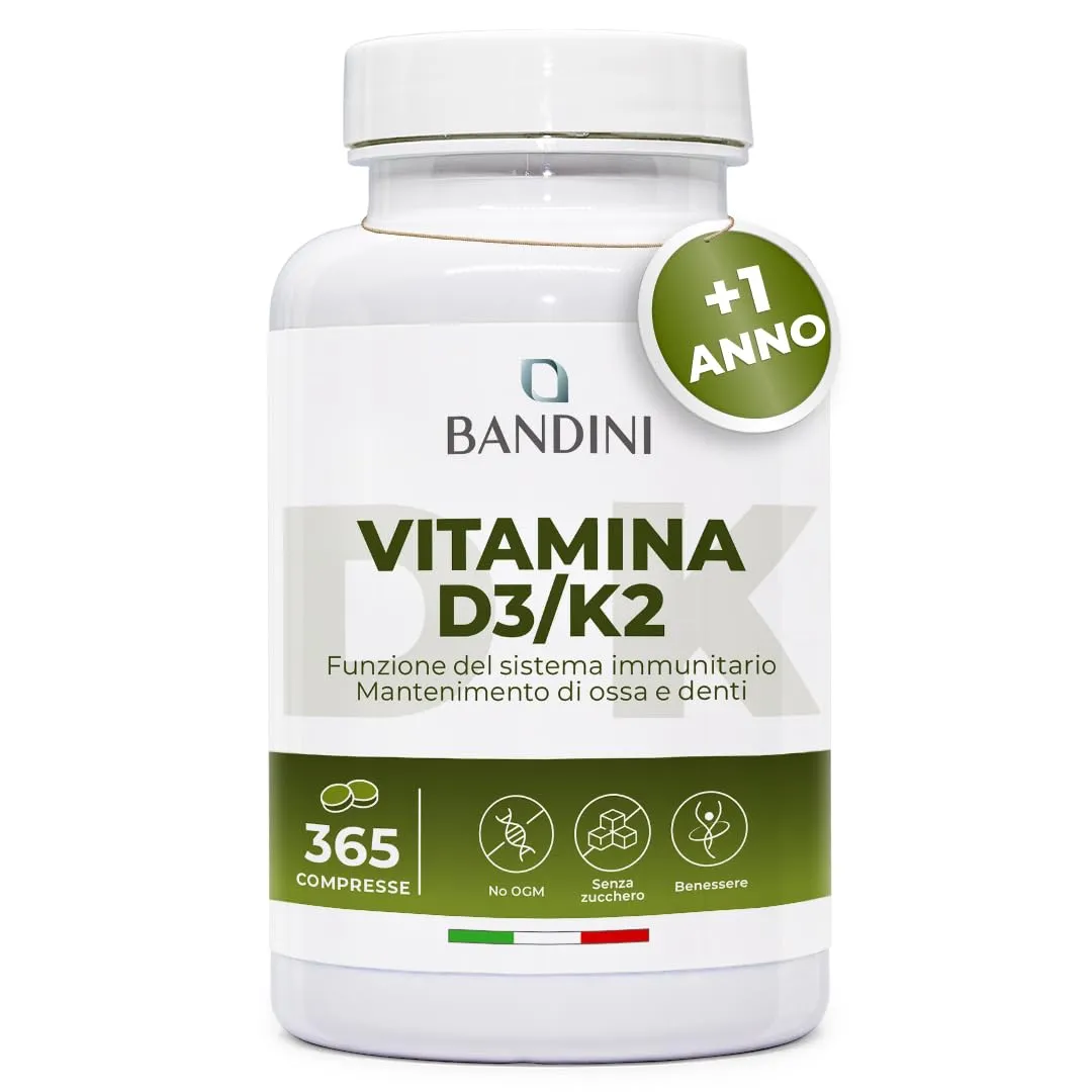 Bandini® Vitamina D3 K2 | 365 COMPRESSE (12 Mesi) | Vitamina D 2000 UI + 200 mcg Vitamin K | Vitamine MK-7 99% All Trans Vit D3+K2 | Per Ossa, Denti, Muscoli, Articolazioni & Sistema Immunitario