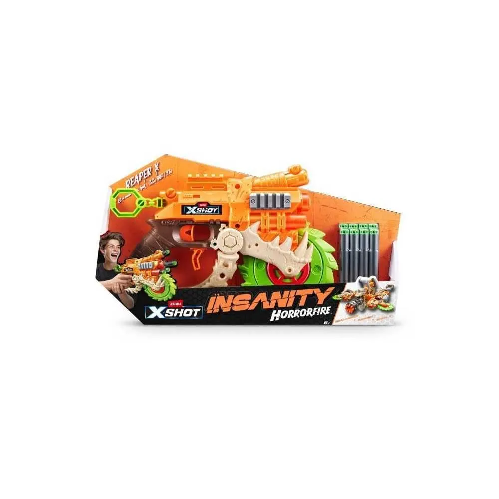 X-Shot Horror Fire Insanity HorrorFire Reaper X - Spinning Saw Blade Action, Dart Blaster a lungo raggio, capacità 8 freccette, tecnologia Air Pocket, compatibile con altri blaster Insanity HorrorFire
