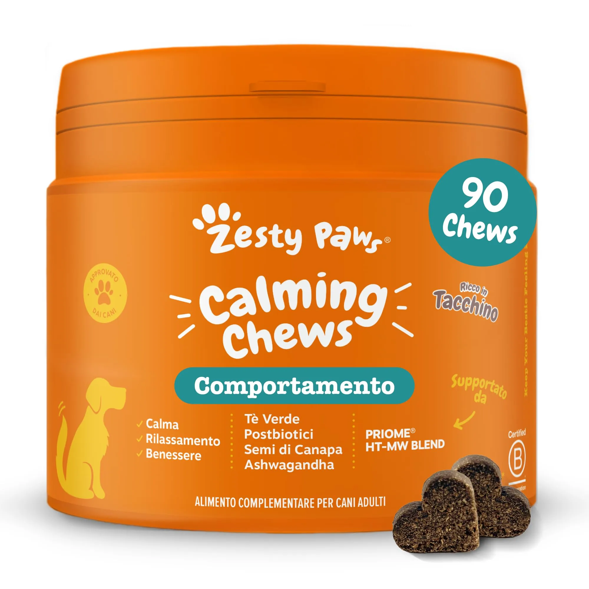 Zesty Paws calmante per cani | Integratore per cani | Ashwagandha, Tè Verde e L-Triptofano | Alimento Complementare per cani Adulti di tutte le taglie | Gusto Tacchino | 90 Pezzi