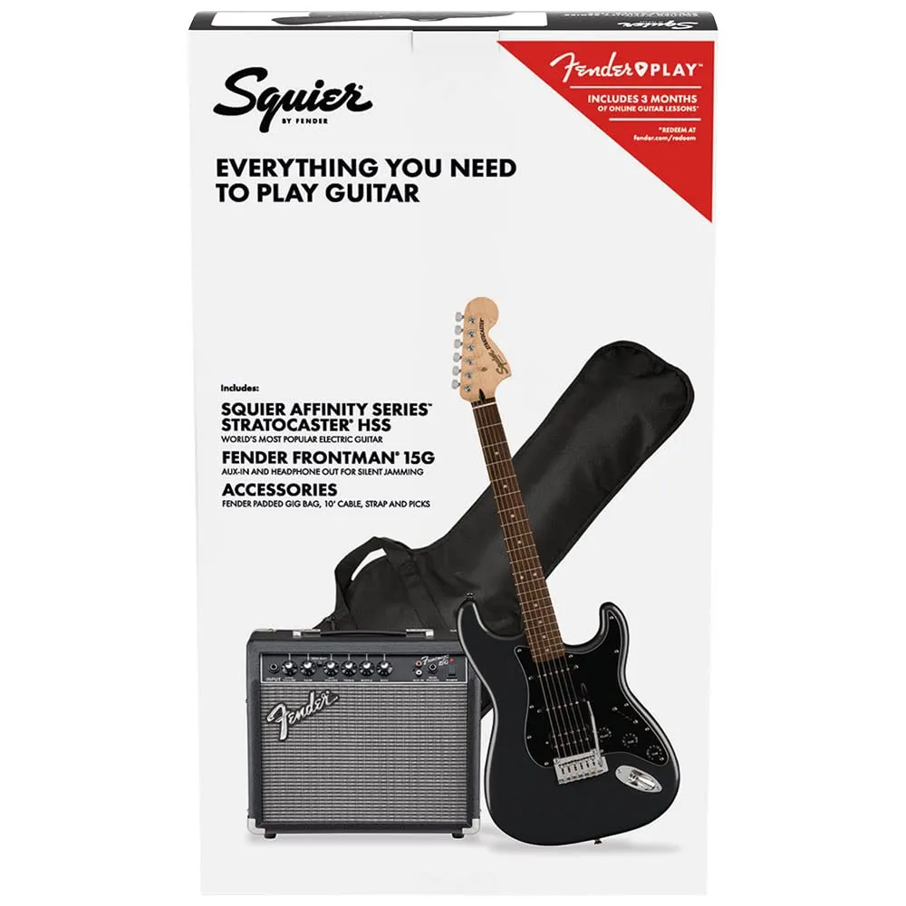 Squier by Fender Affinity Stratocaster HSS Pack – Chitarra Elettrica, Charcoal Frost Metallic, con Amplificatore Fender Frontman 15W, Gig Bag, Accessori e Lezioni Gratuite