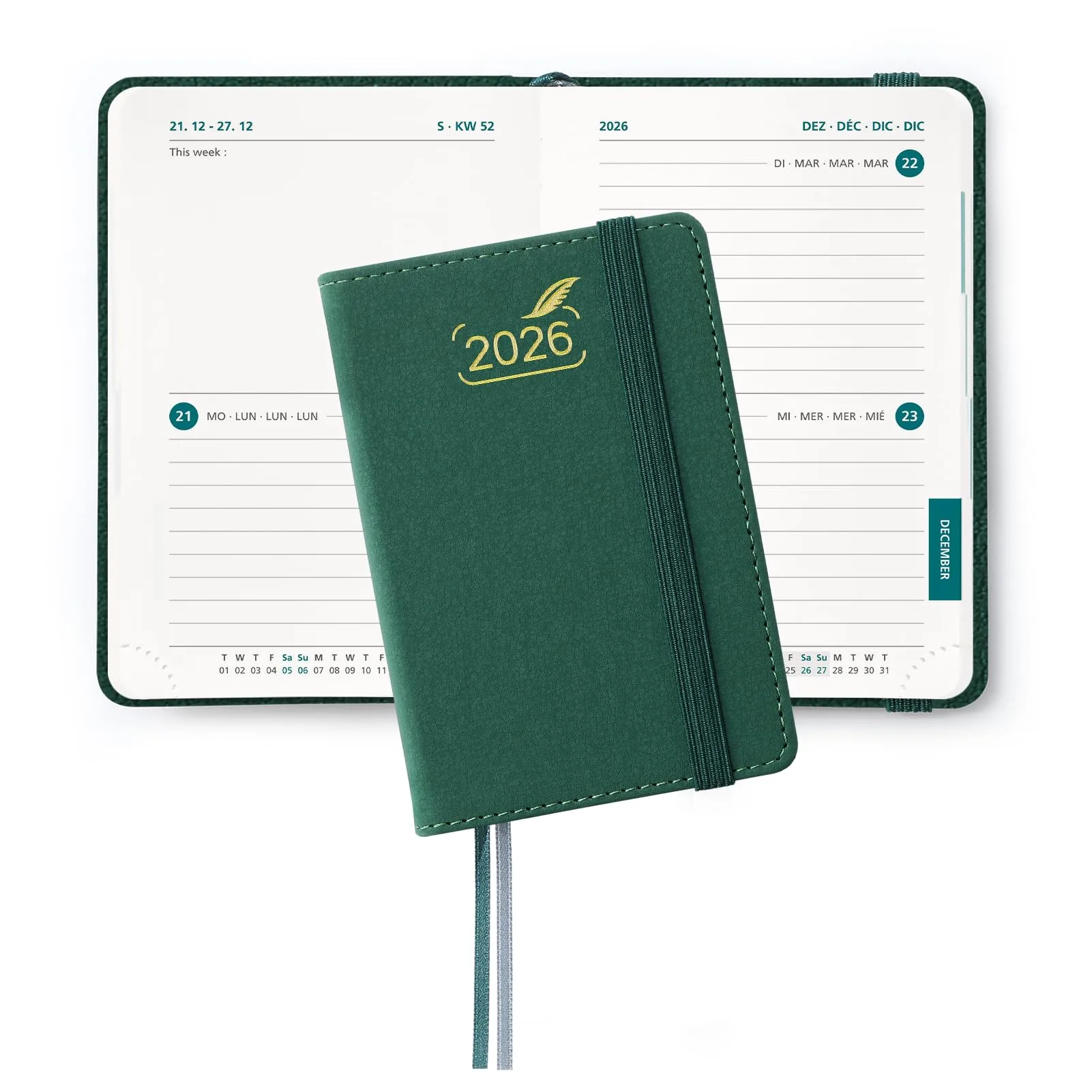 BEZEND Mini Agenda 2026 Bi-Giornaliera Tascabile 12 x 8 cm, 2 Giorni per Pagina (1 Settimana su 4 Pagine) - B7 Diario Piccola da Gen a Dic 2026, Copertina Rigida in Pelle PU, Mostaza