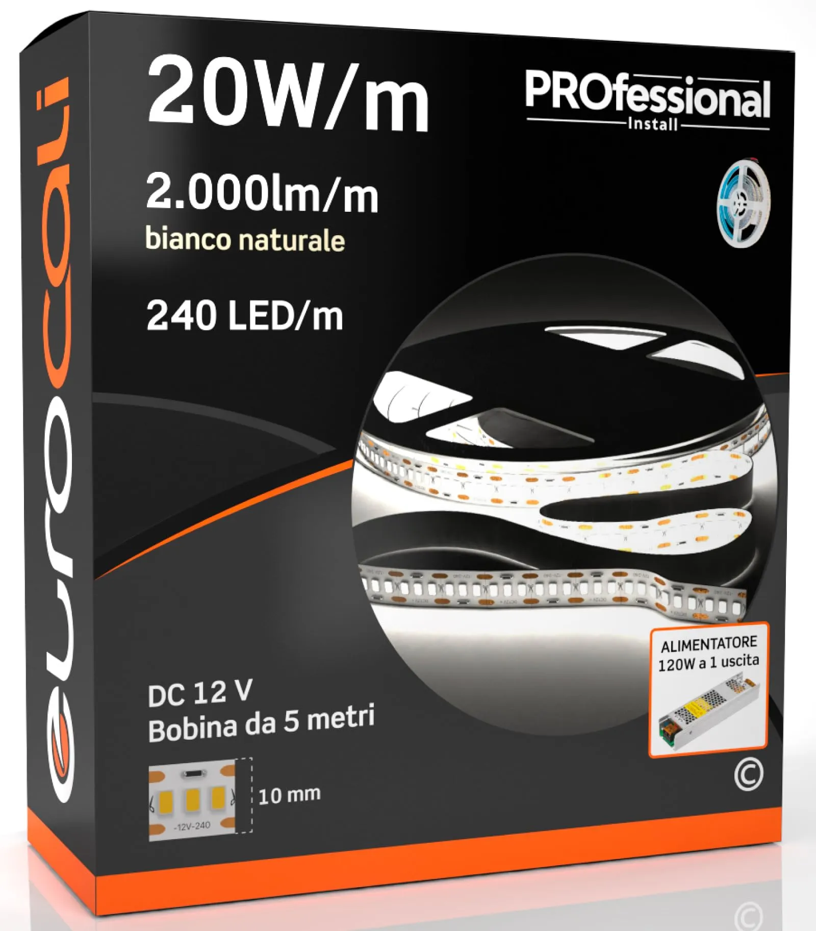 Eurocali Kit Striscia LED Monocolore 1200 LED 100W 240 LED/metro - Bobina da 5 metri - IP20 da interno - Luce Bianco Naturale 4000K + Alimentatore 120W per uso interno
