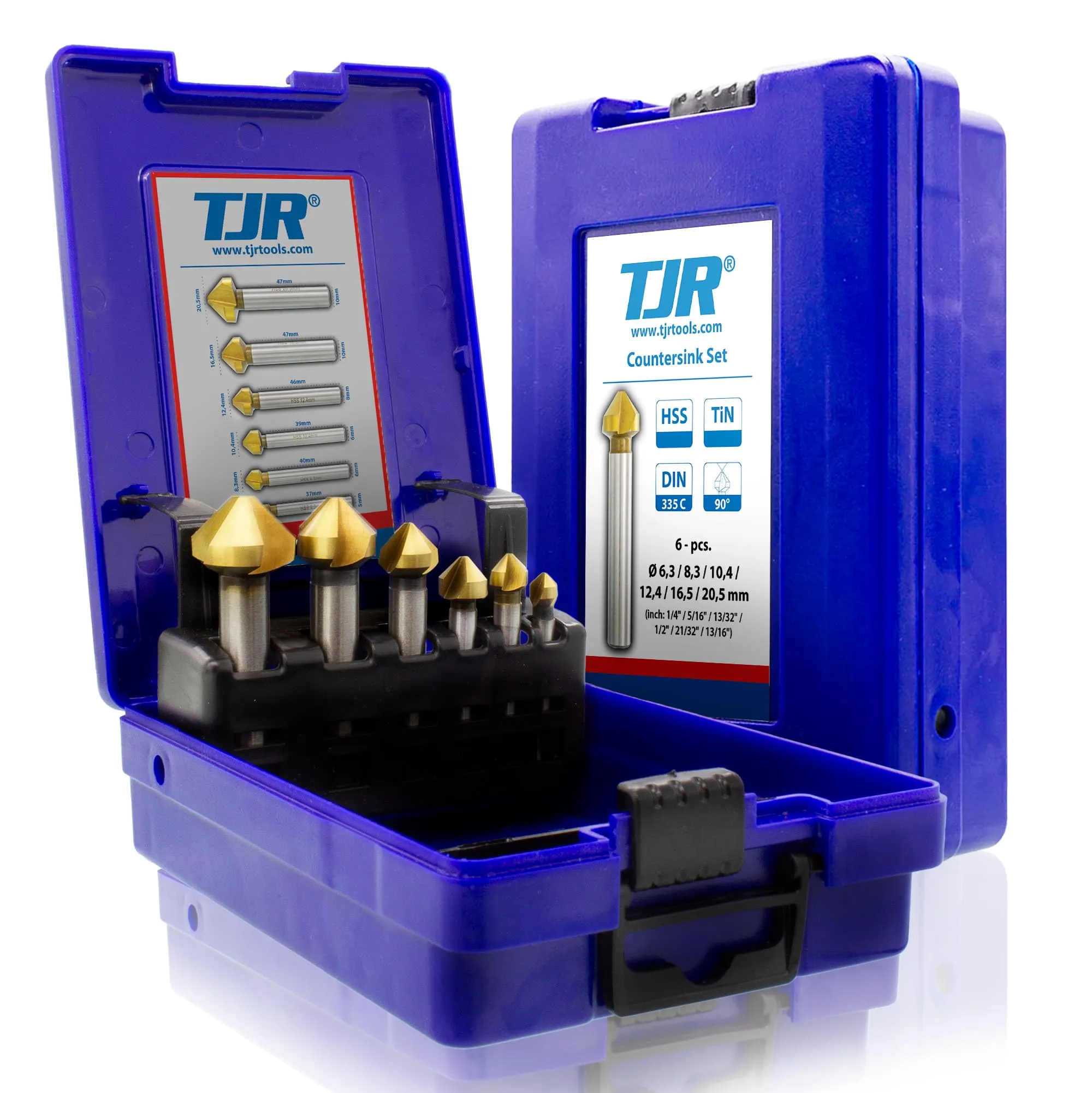 TJR Svasatore a 90°, diametro 6,3-20,5 mm, in acciaio HSS con rivestimento, molto affilato, set di svasatura e sbavatura per legno, metallo e plastica in scatola (HSS con rivestimento TiN)