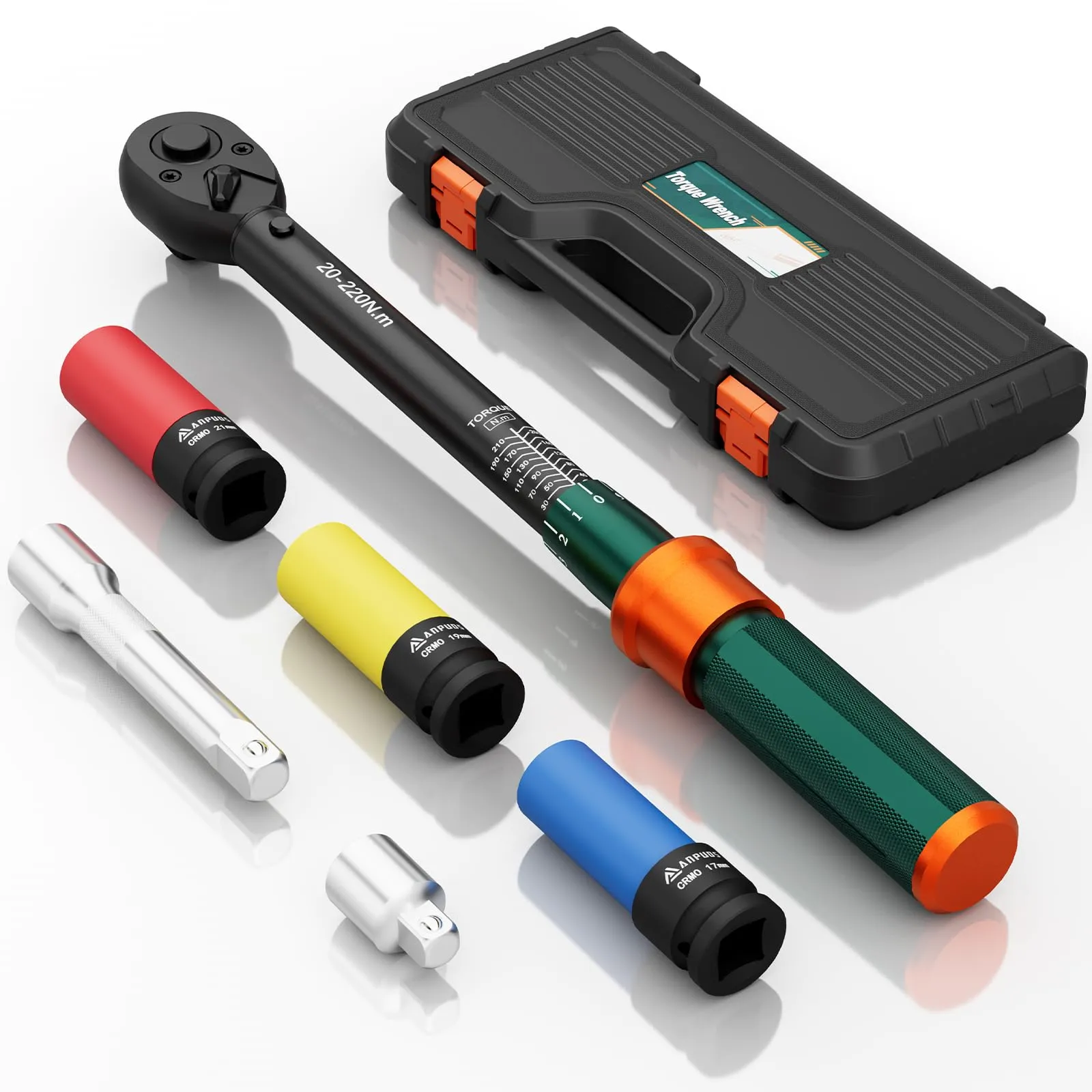 NADOKHI Chiave Dinamometrica 1/2'', 20-220Nm, 6 Pezzi Chiave Dinamometrica Auto con Bussole 17mm/19mm/21mm, Prolunga 125mm, 1/2"-3/8" Adattatore, per Cambio Gomme Auto e Moto