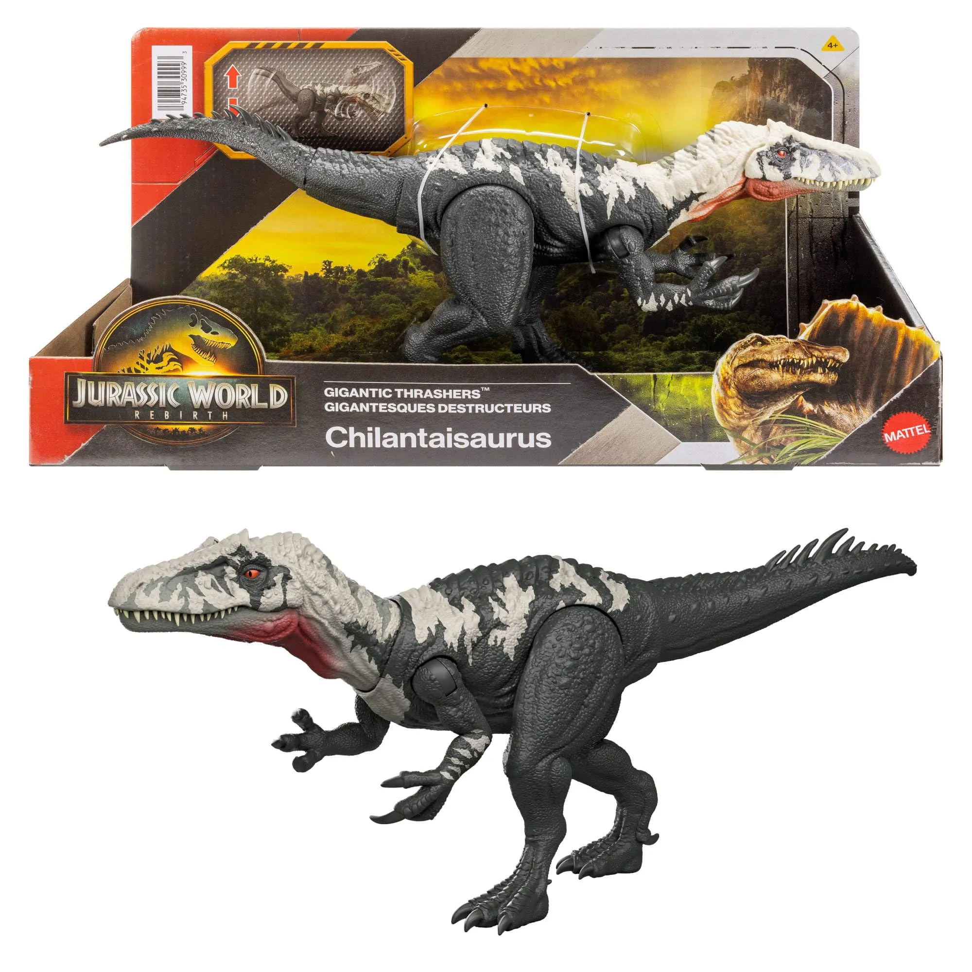 Mattel Jurassic World La Rinascita Predatori Giganti Chilantaisaurus, specie di dinosauro giocattolo di grandi dimensioni, 2 attacchi furiosi, gioco digitale, JGB95