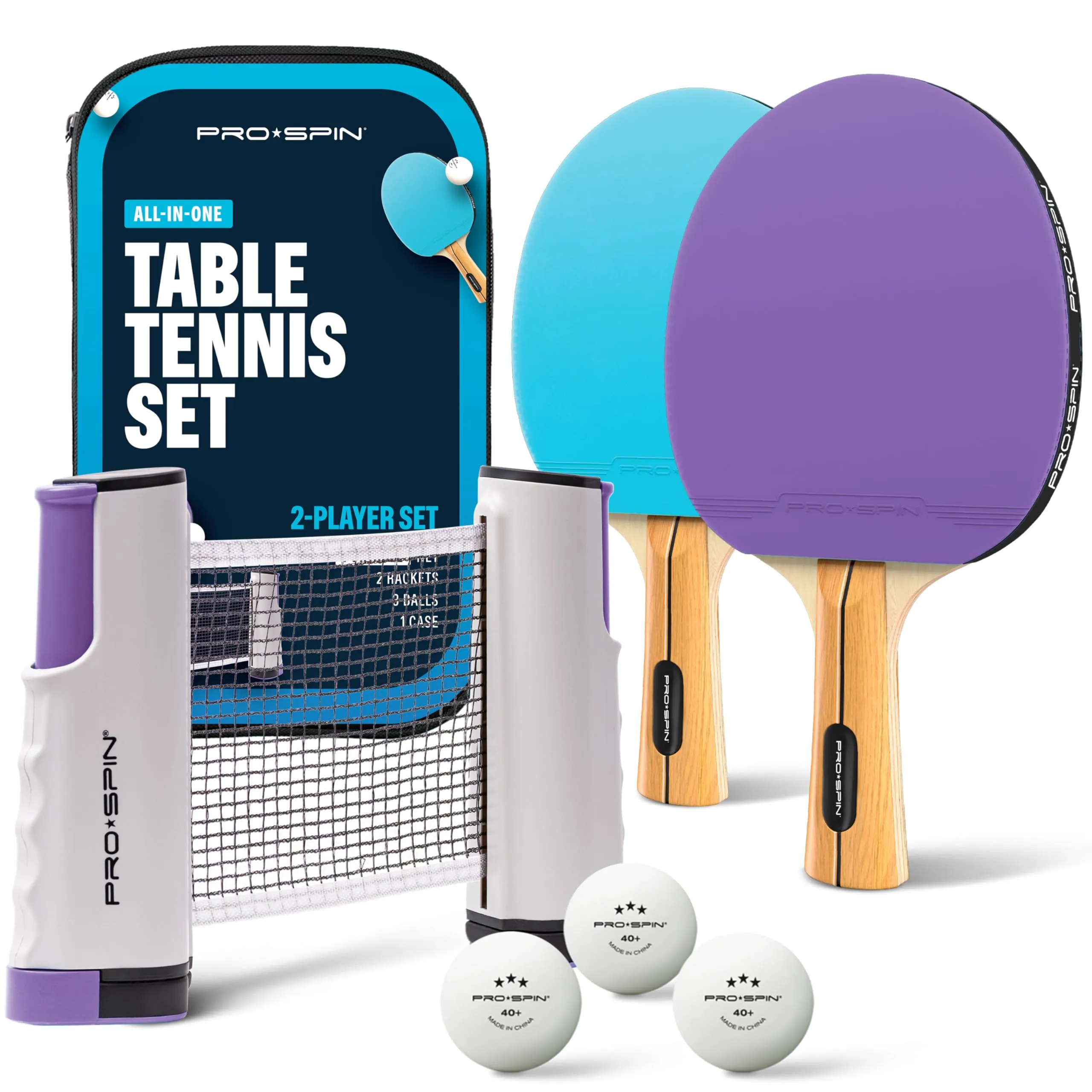 PRO-SPIN Set da Tavolo Portatile - Kit Premium con Rete Estensibile per Qualsiasi Tavolo, Racchette, Palline e Custodia per Ping Pong (Set da 2 Giocatori, Viola/Blu)