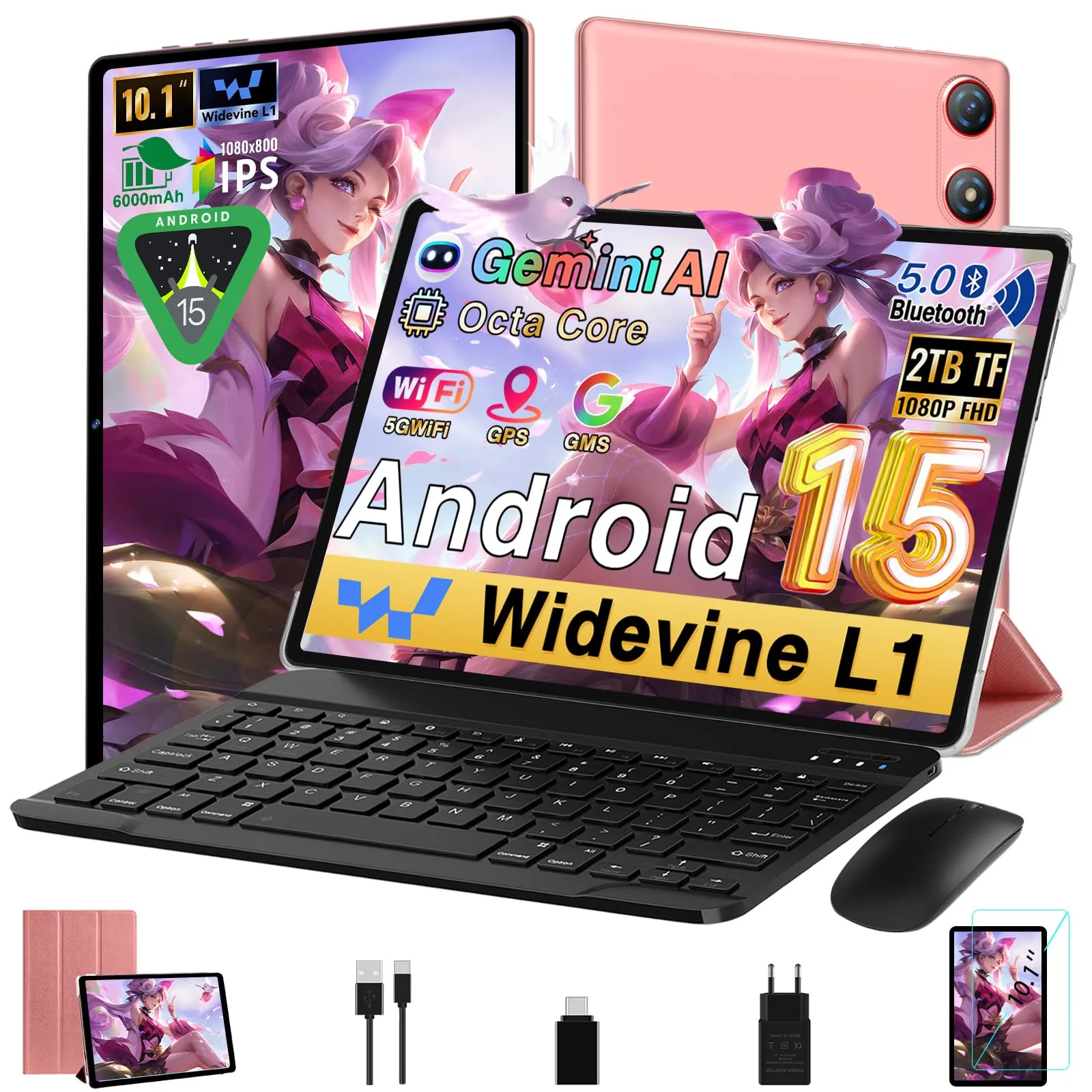 Tablet 10 Pollici Android con 20GB RAM + 128GB ROM (TF/2TB), 5G WiFi 6, Octa-Core, GMS, Bluetooth 5.0, 5MP + 8MP, 1280 * 800 FHD IPS, Widevine L1, 2025 Newest Tablet 2 in 1 con Tastiera e Mouse - Rosa