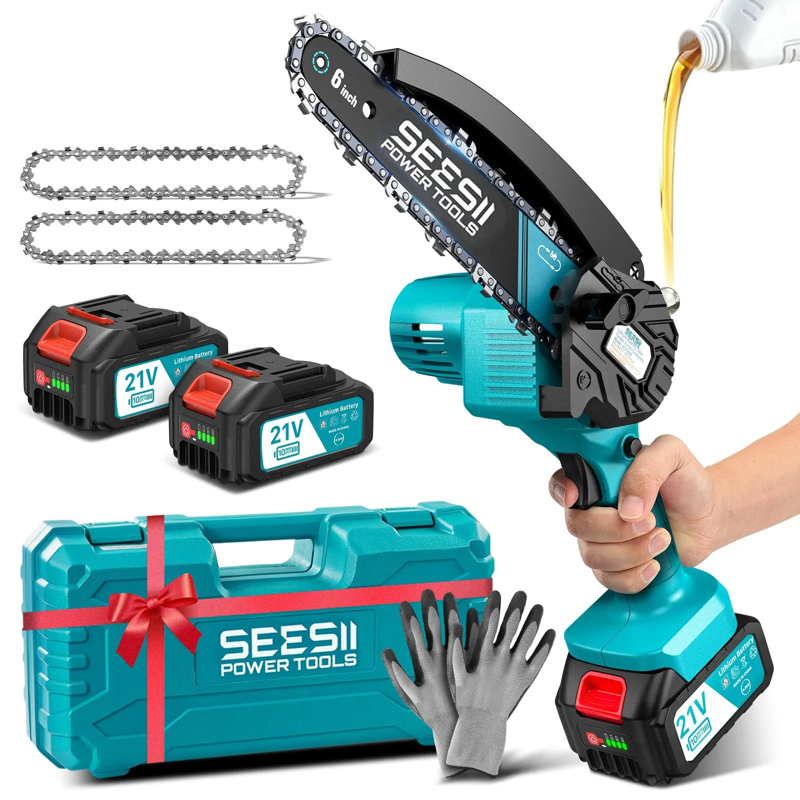 Mini Motosega a Batteria Portatile, Seesii Sega a Batteria da 6 Pollici con Caricatore, 2 Batterie e Oliatore Automatico, Motosega Elettrica per Giardinaggio, CH610