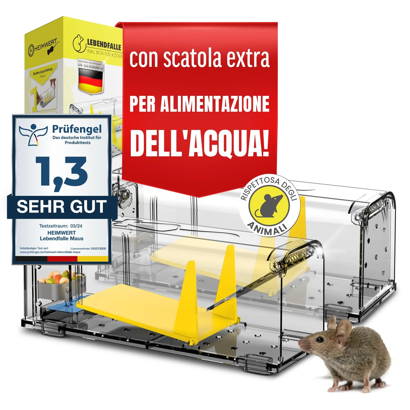 HEIMWERT Set di 2 Trappole topi - con serbatoio + scatola per le esche + aperture per l’aria - uscita a sgancio rapido senza contatto