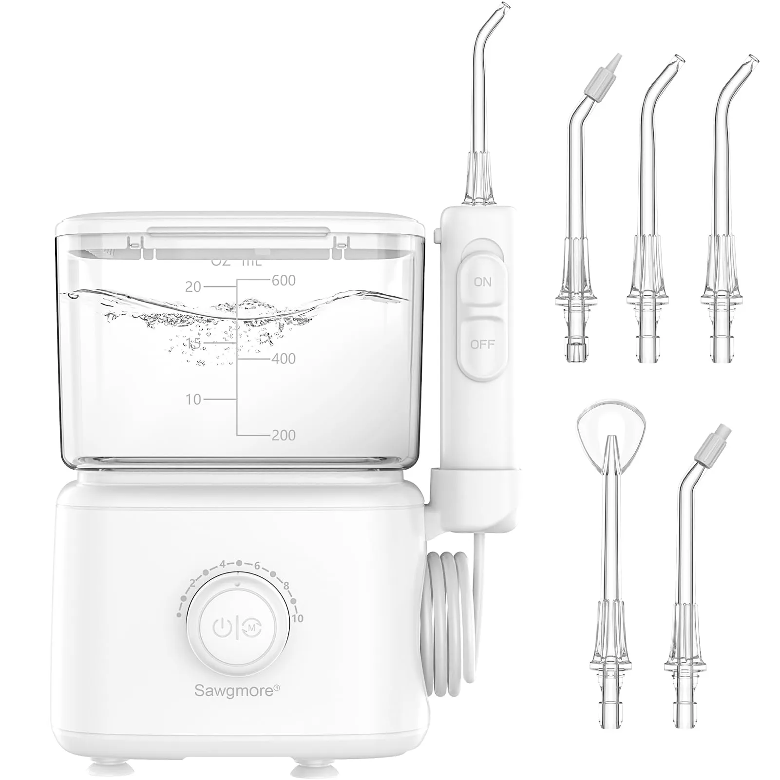 Sawgmore Idropulsore Dentale, Irrigatore Orale con 5 Ugelli Multifunzione, 10 Valori Nominali di Pressione Dell'acqua Regolabili, Capacità di 600ML per Cura Famiglia Cura Dentale (Bianco)