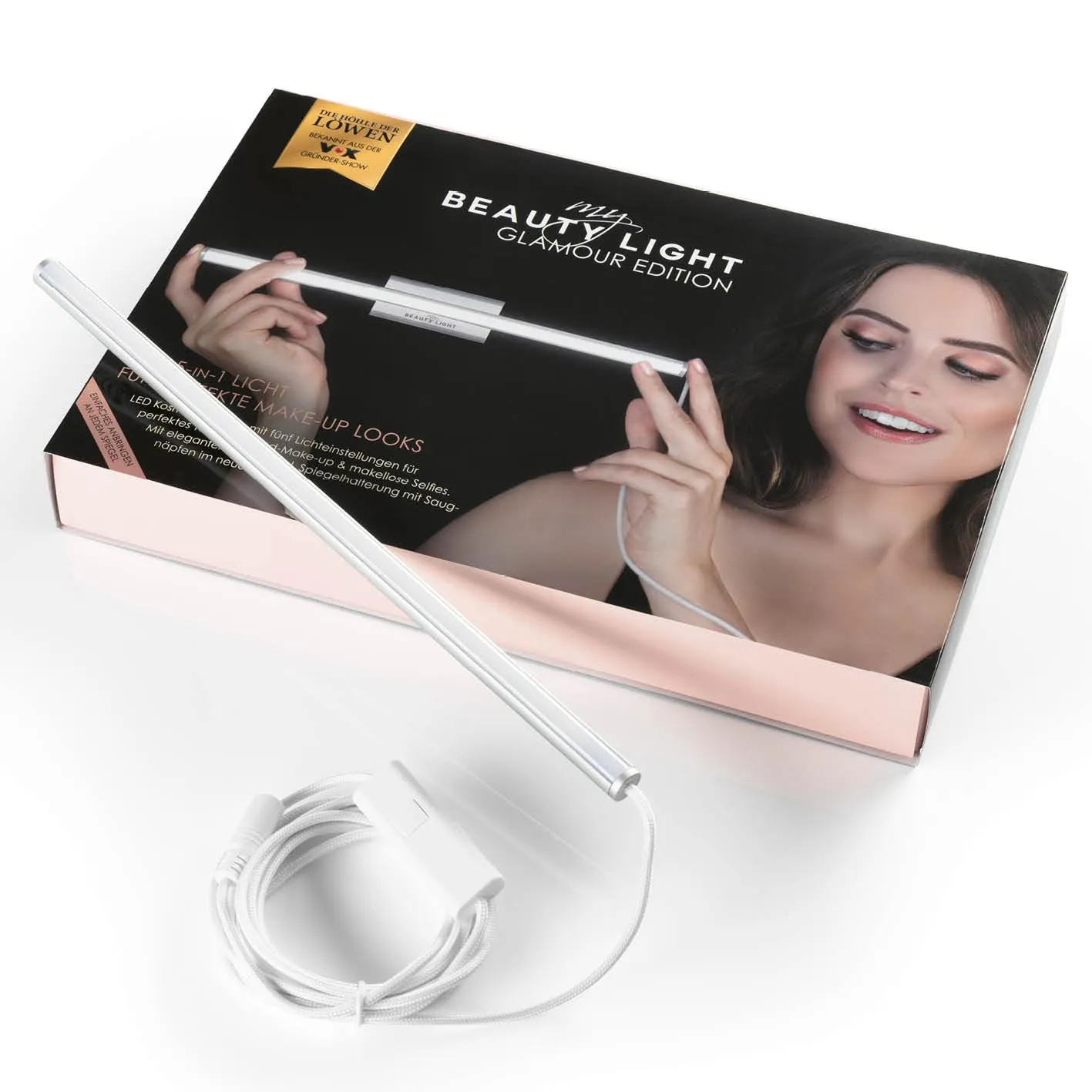 My Beauty Light® Glamour Edition 5-in-1 LED simula la luce del giorno per un make-up radioso | 5 diverse impostazioni di luce, design elegante e cavo in tessuto, facile da fissare