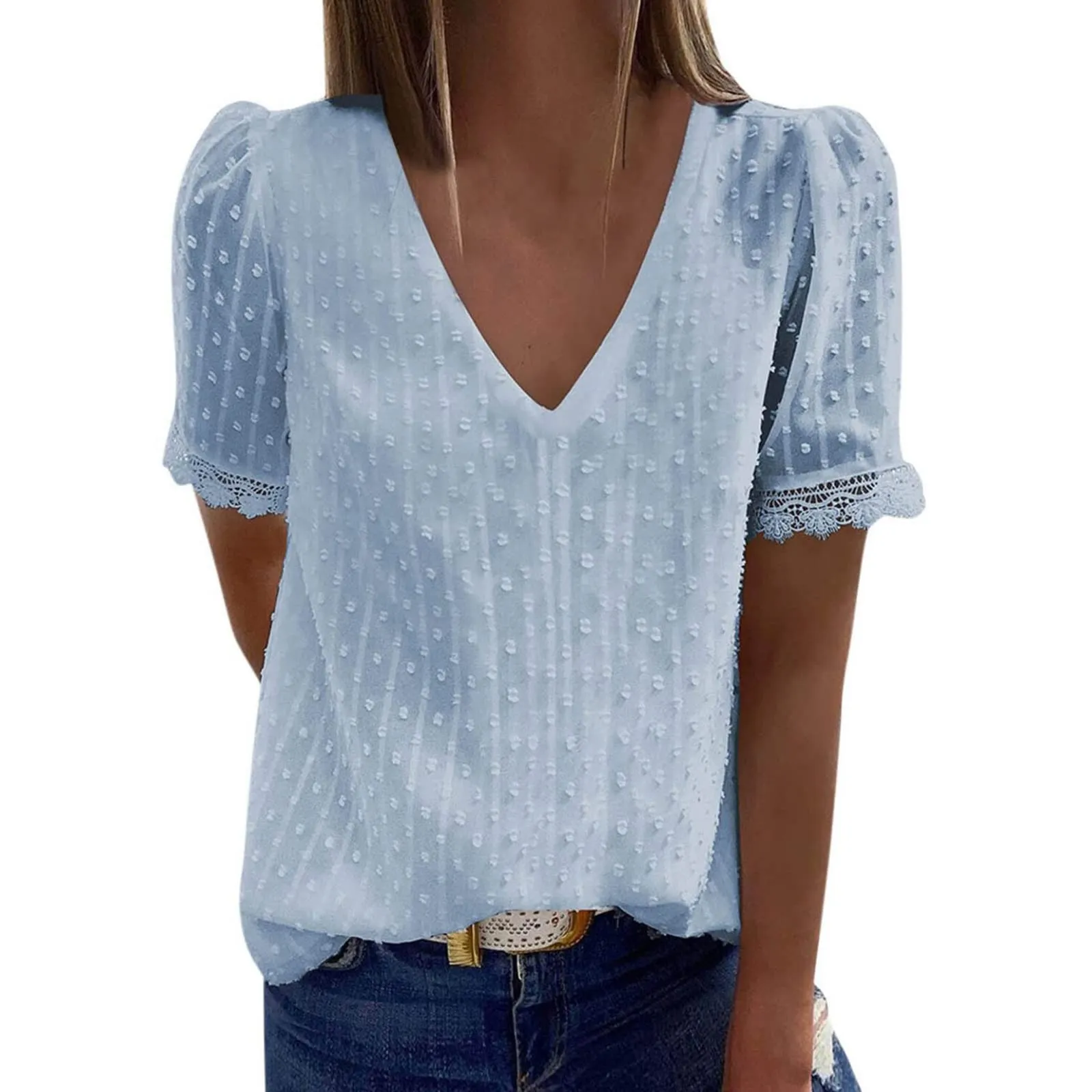 Loalirando Camicia Donna con Manica Corta in Pizzo Blusa Elegante T Shirt con Scollo V Sexy Camicetta Estiva Casual Top Maglietta Donna Eleganti (Bianco, S)