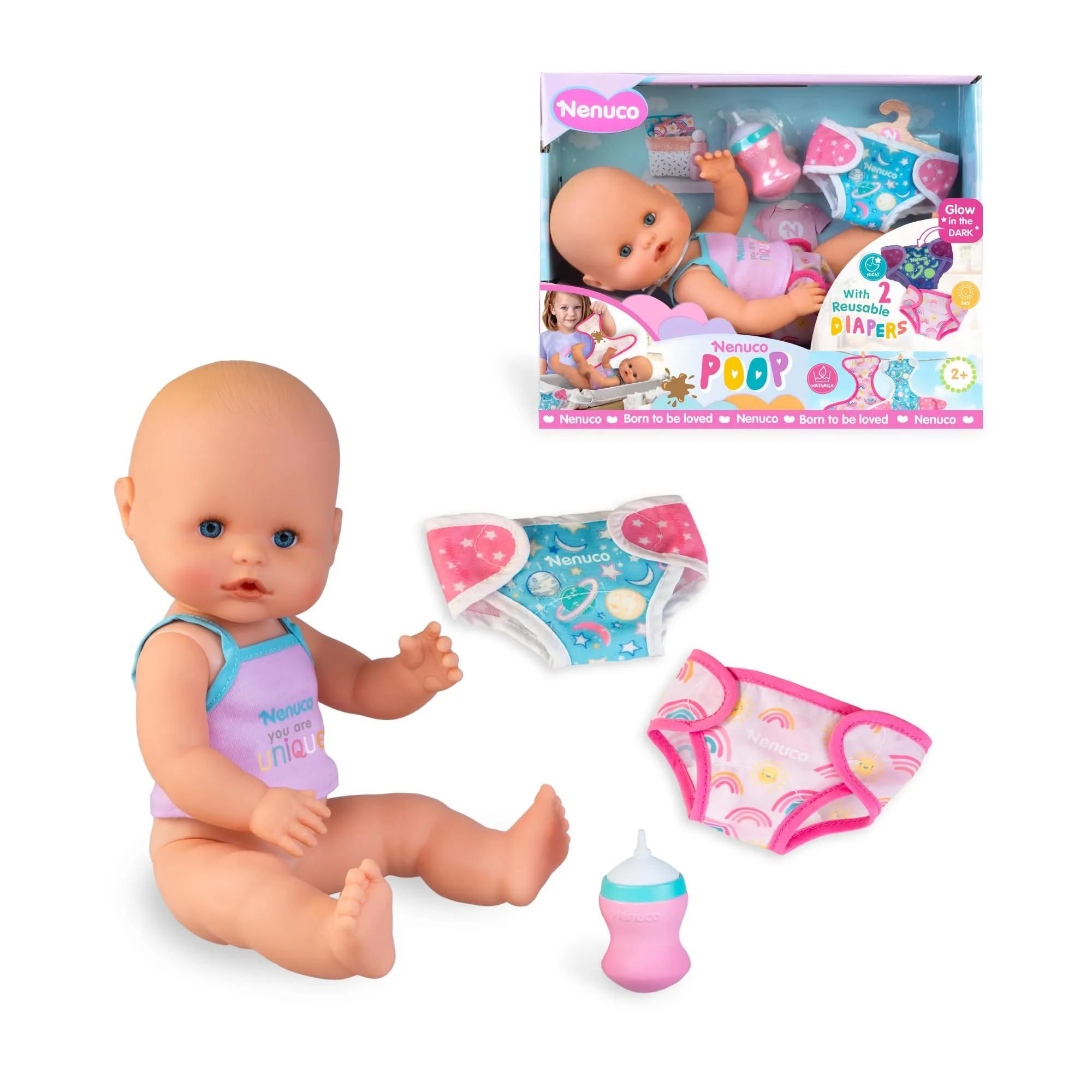 Nenuco Fa Popó, Bambola Bambino 35 cm e Corpo duro, Bambino Che fa Popó Marrone Verità Bevendo Acqua, Include Biberon e 2 Pannolini Lavabili, Pannolino Giorno e Notte, +3 anni, Famosa (NFNB3000)