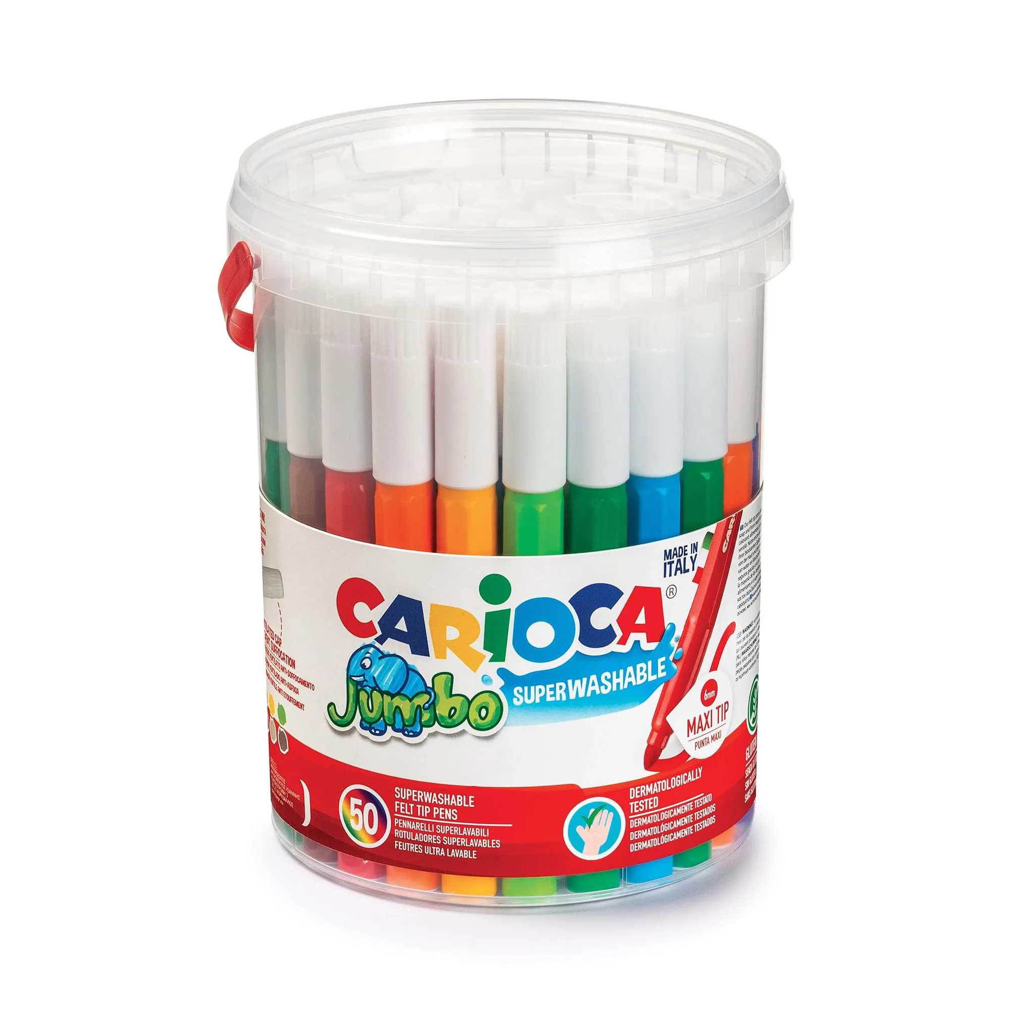Carioca Jumbo | Pennarelli Lavabili per Bambini in Barattolo con Maniglia, Set Pennarelli Punta Grossa, 50 Colori