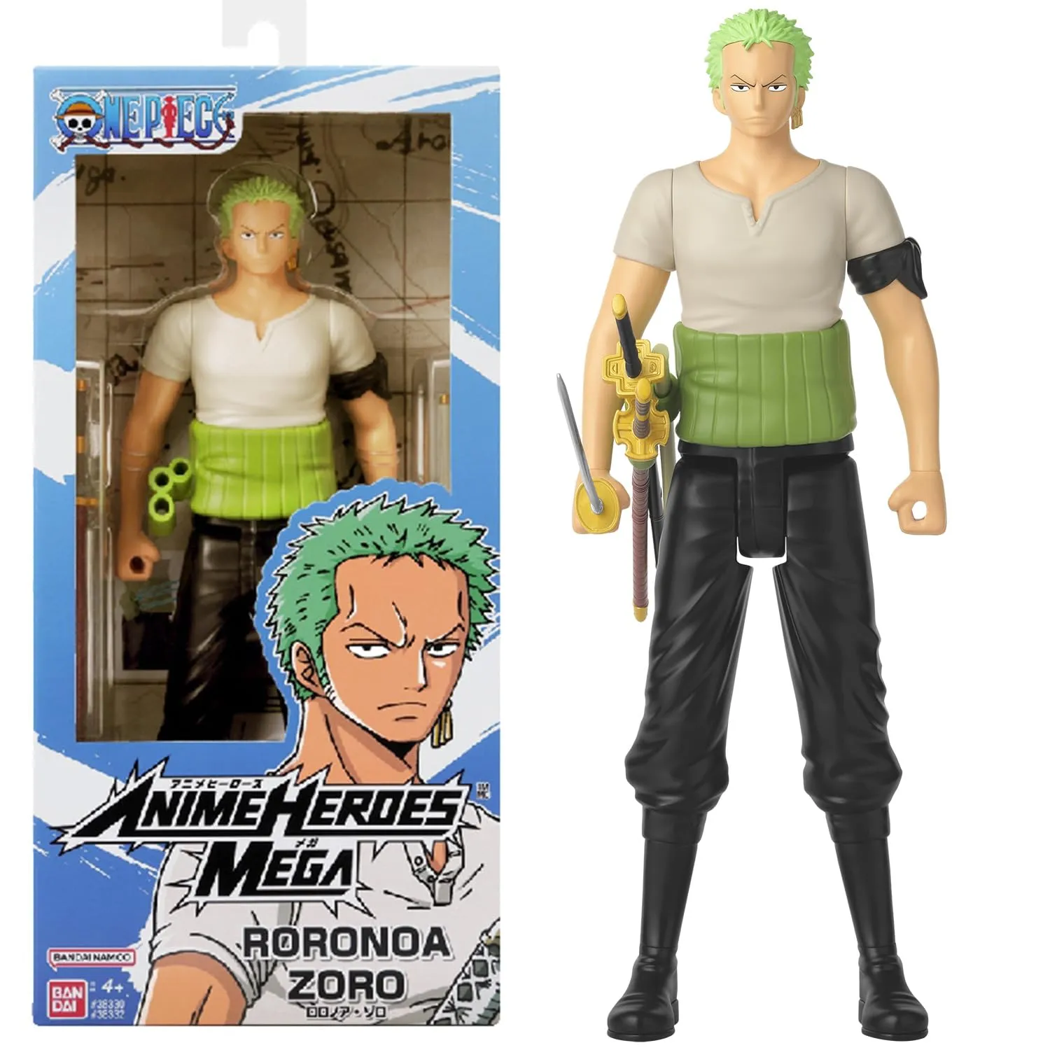 BANDAI - Anime Heroes - One Piece - Action figure Anime Heroes Mega 30 cm Zoro - Grande action figure snodata - Figura manga Zoro - Licenza ufficiale - Giocattolo per bambini dai 4 anni in su - 38332