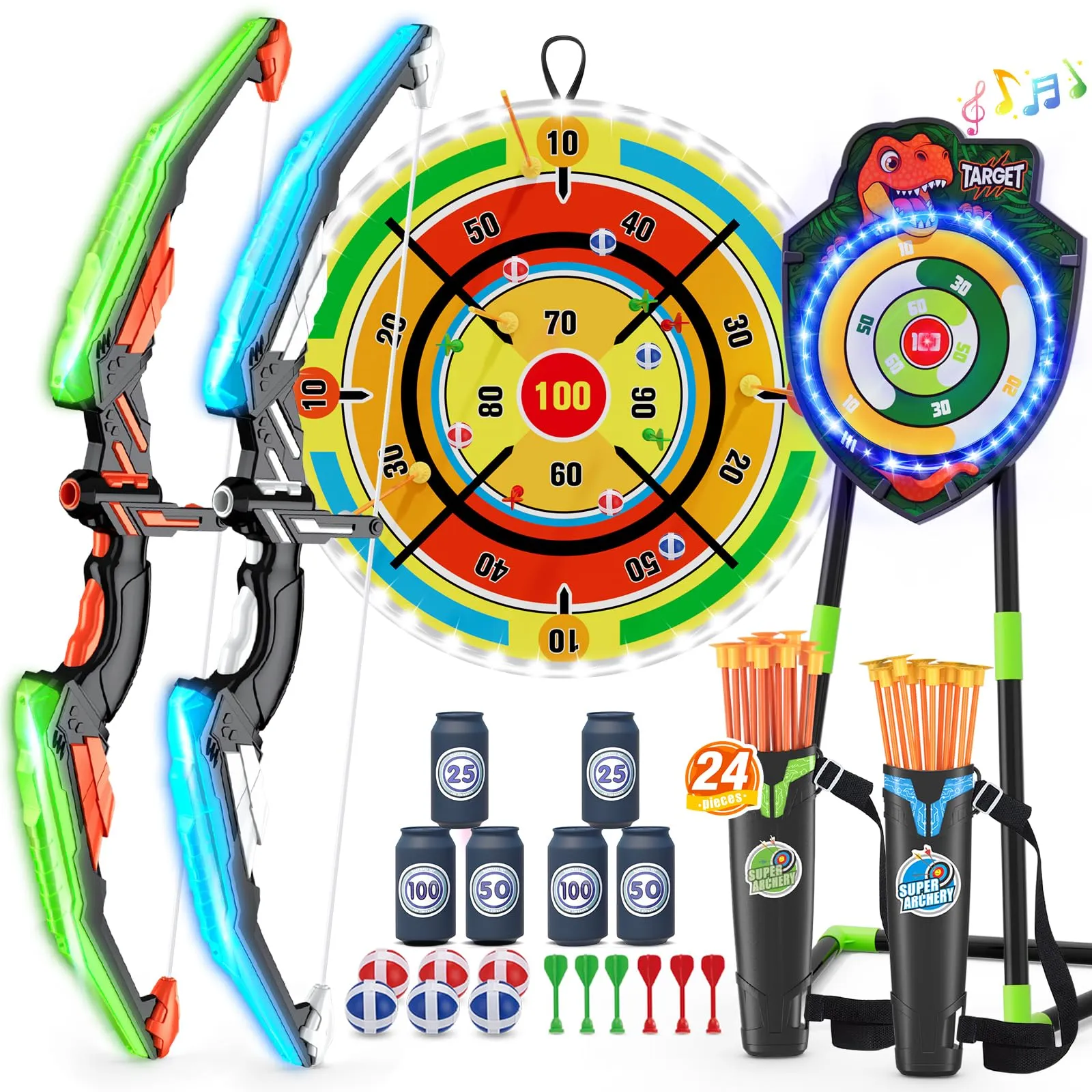 HYES 2 Pack Arco e Frecce per Bambini con 29" Dardo Bordo, LED Illuminare Set di Dinosauro Tiro con L'Arco con Frecce, Obiettivo di Luce, Indoor Outdoor Regali Giocattoli per Ragazzi Ragazze