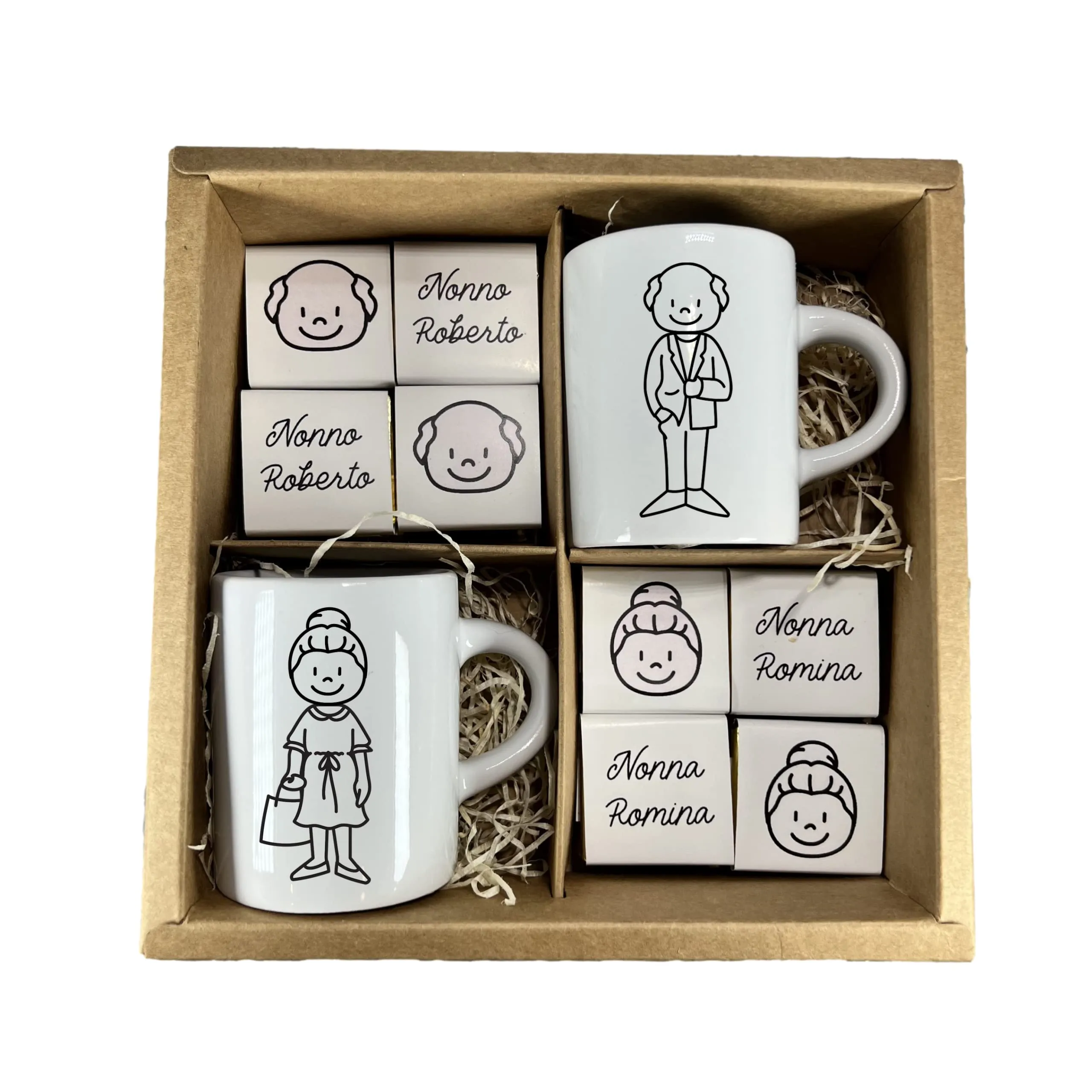 Set 2 Tazzine da Caffè Espresso Personalizzate con Nomi e 24 Cioccolatini – Idea Regalo Festa dei Nonni, Nonna e Nonno – Scatola Regalo Speciale