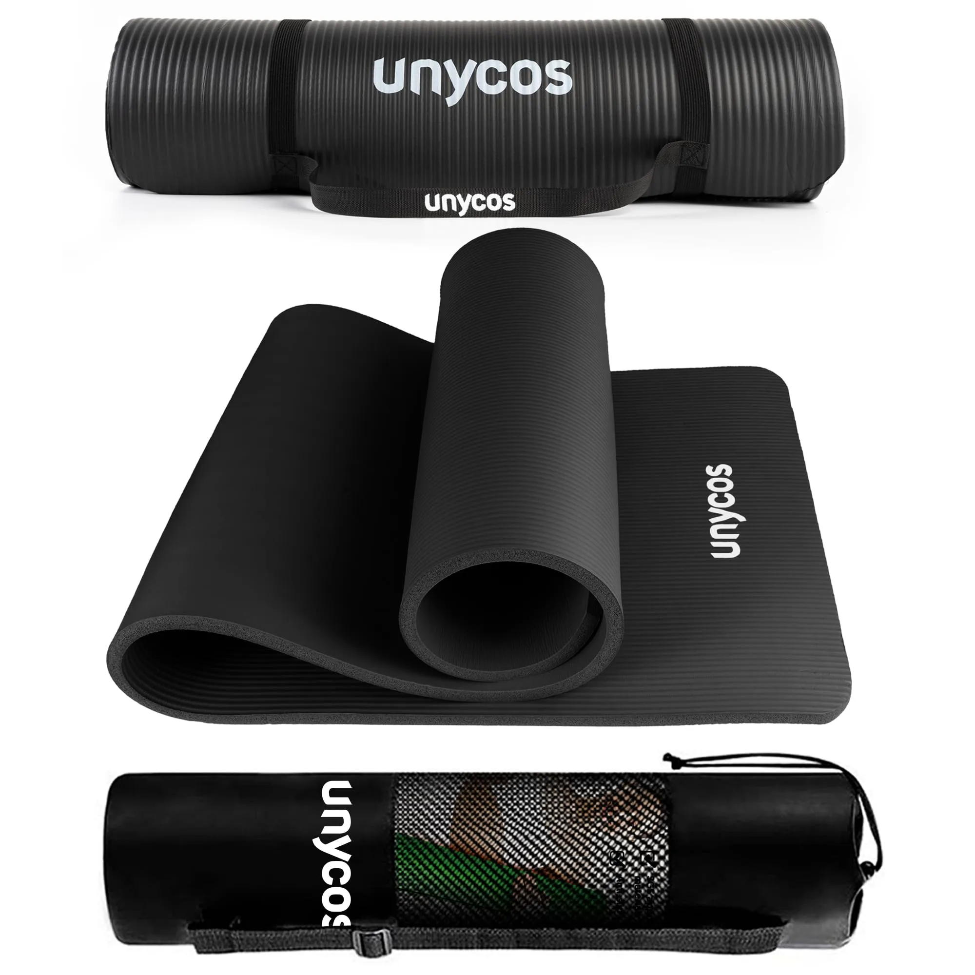 unycos - Tappetino Antiscivolo da Yoga, Pilates e Ginnastica Extra Spesso 15 mm, 183x60 cm, Materassino Fitness con Schiuma NBR Confortevole, Tracolla, Borsa ed E-Book di 50 Esercizi (Nero)