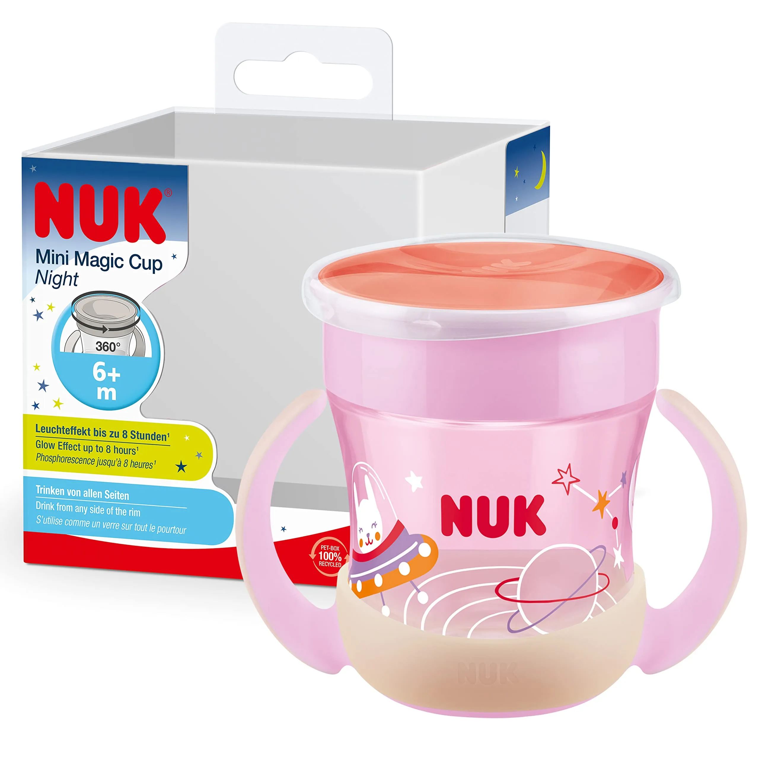 NUK Mini Magic Cup Night Bicchiere salvagoccia | Bordo 360° anti-rovesciamento | 6+ mesi | Si illuminano al buio | Impugnatura facile | Privo di BPA | 160 ml | rosa