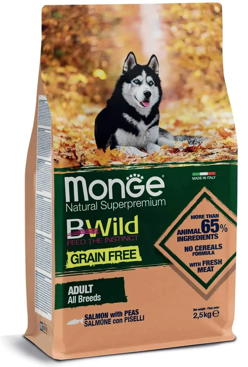 Monge BWILD ADULT SALMON AND PEAS, cibo per cani per tutte le razze ( secco con salmone e piselli, con pochi cereali, contenuto: 12 kg)