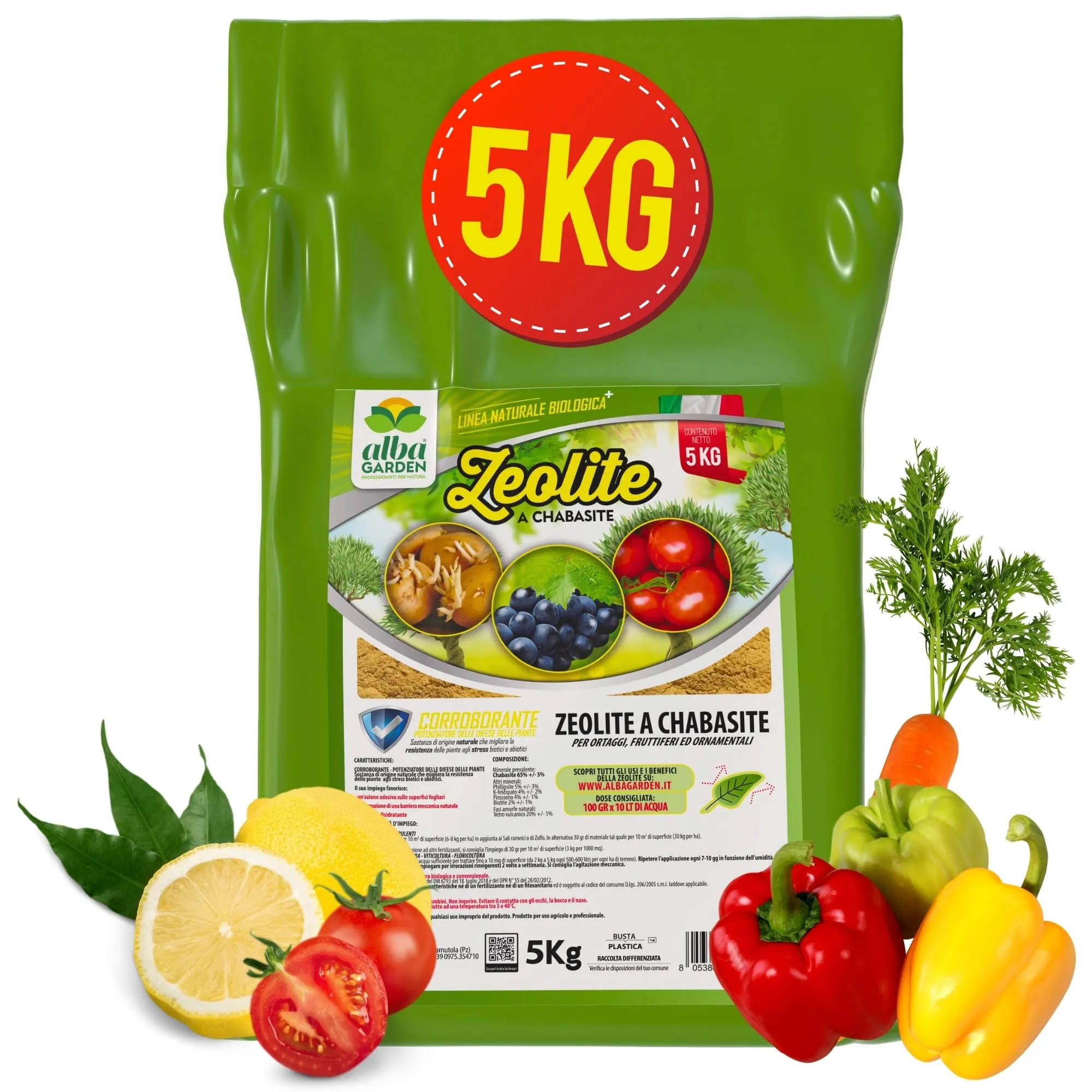 Albagarden - Zeolite per Agricoltura MAXI x 5 KG - Polvere di roccia, Potenziatore delle difese naturali Effetto Insetticida e Fungicida - Zeolite per Piante