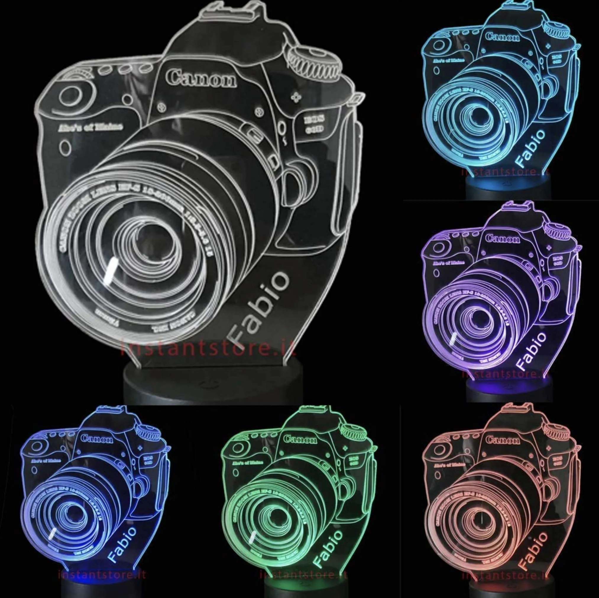 Lampada led 3d fotocamera personalizzata con nome incisa su Acrilico
