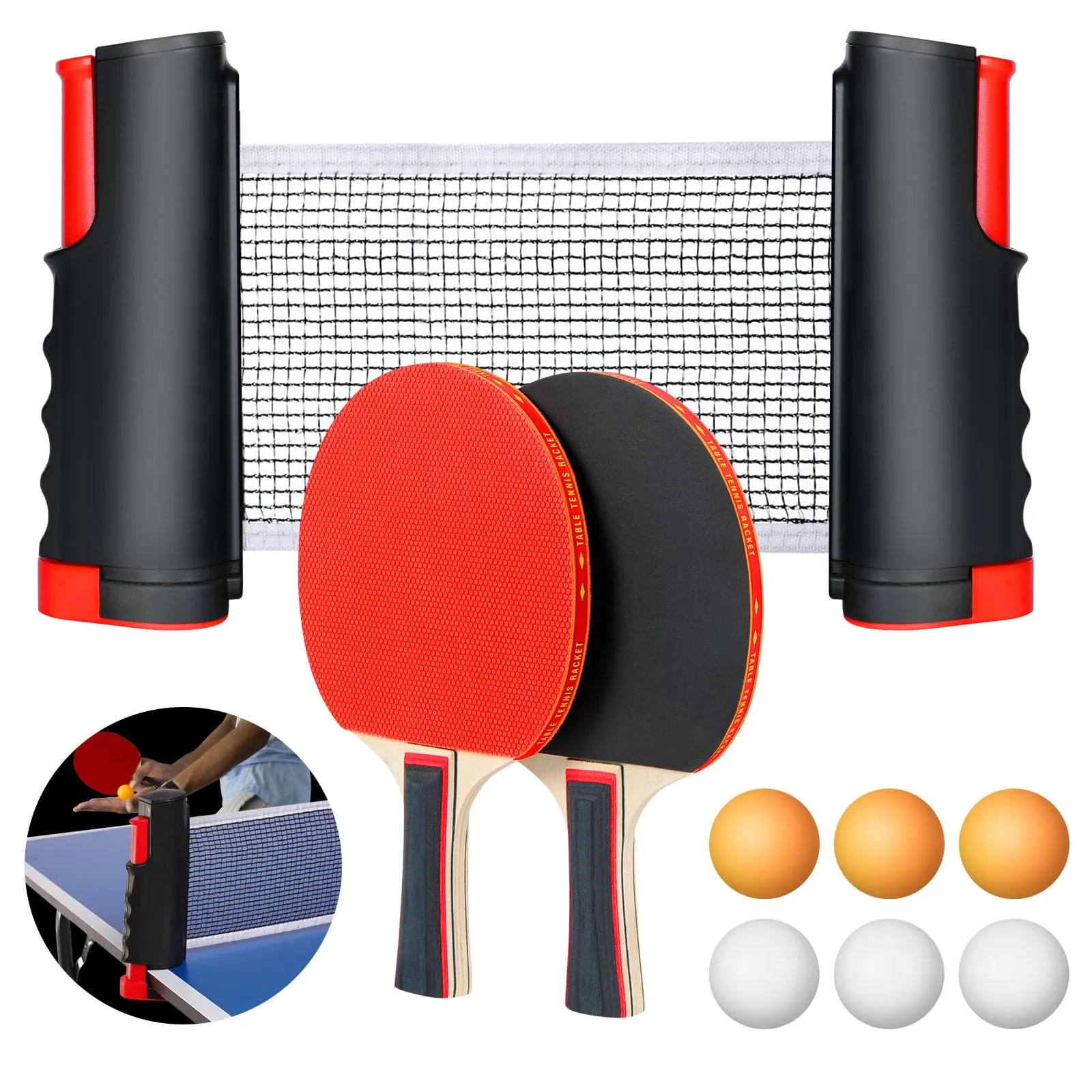 flintronic Set di Racchette da PingPong, Ping Pong Set da Tavolo Portatile, con Rete da PingPong Retrattile, 2 Racchette da Ping Pong, 6 Palline, 1 Borsa in Rete, per Bambini, Famiglie (Rosso)