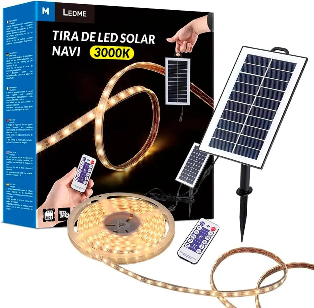 M Ledme - Striscia LED solare esterna giardino 5 metri con telecomando, IP68 sommergibile, 300 LED, luce LED bianco caldo, con kit di installazione per piastra solare, per giardino, casa, decorativa
