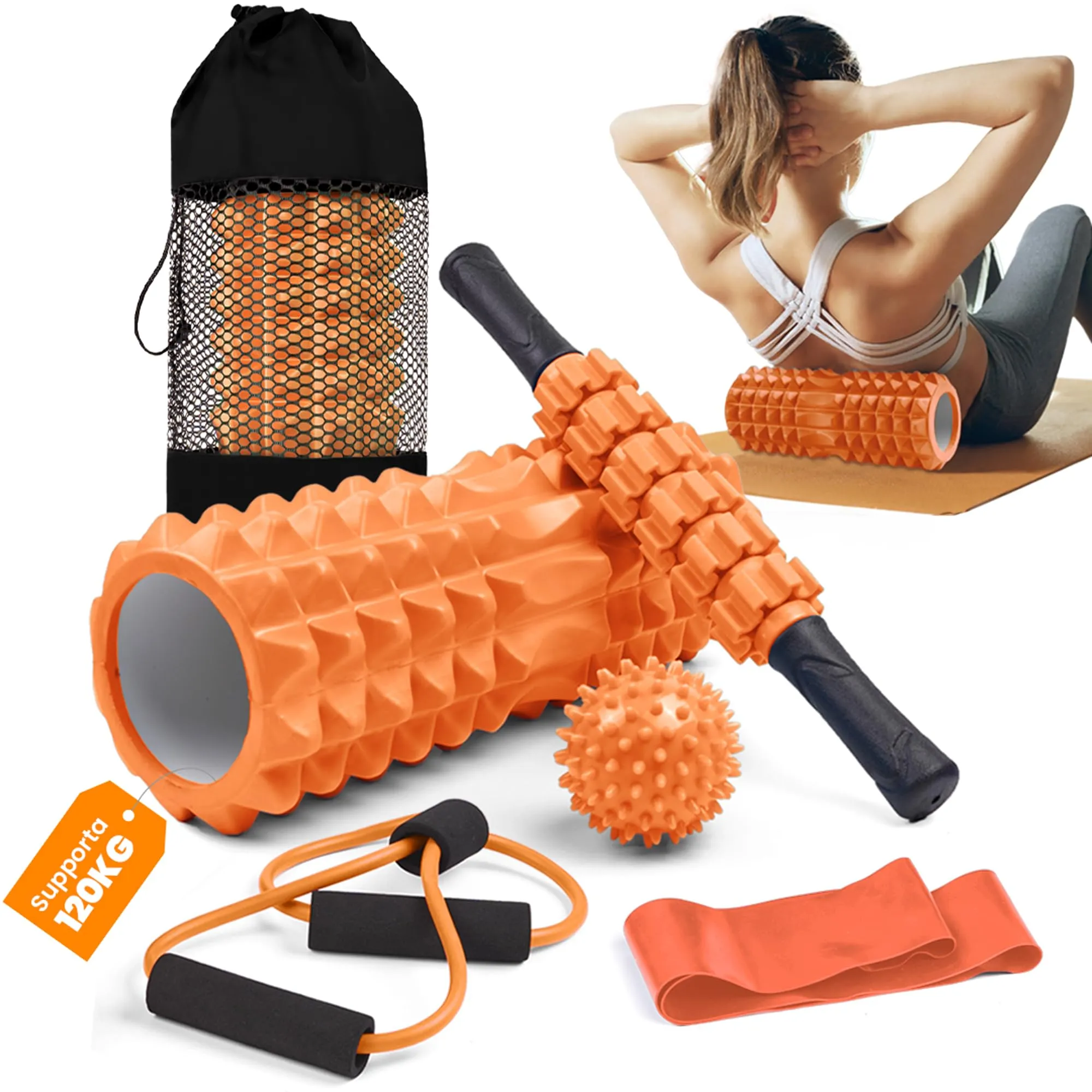 unycos - Foam Roller【PP/EVA】| Kit 5 in 1, Rullo per Massaggio Muscolare che Supporta 120 kg, Fascia di Resistenza Fitness, Palla, Bastone di Riabilitazione, Corda di Forma e Custodia