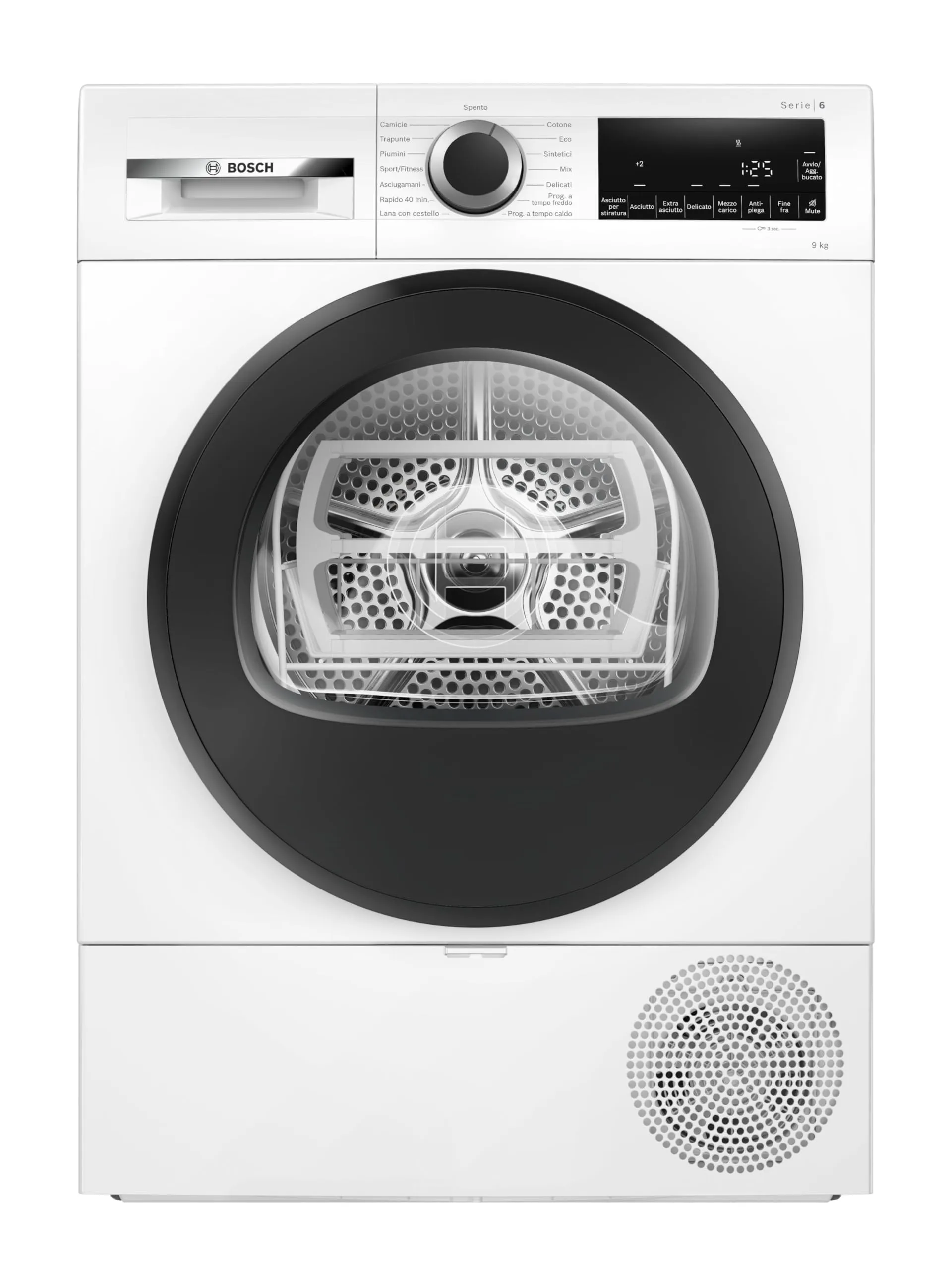Bosch WQG24200IT Serie 6 Asciugatrice smart a pompa di calore, 9 kg, Classe energetica D, Sensori di asciugatura intelligenti, Filtro semplica da pulire, Cestello per capi in lana, Bianco, 60 Cm