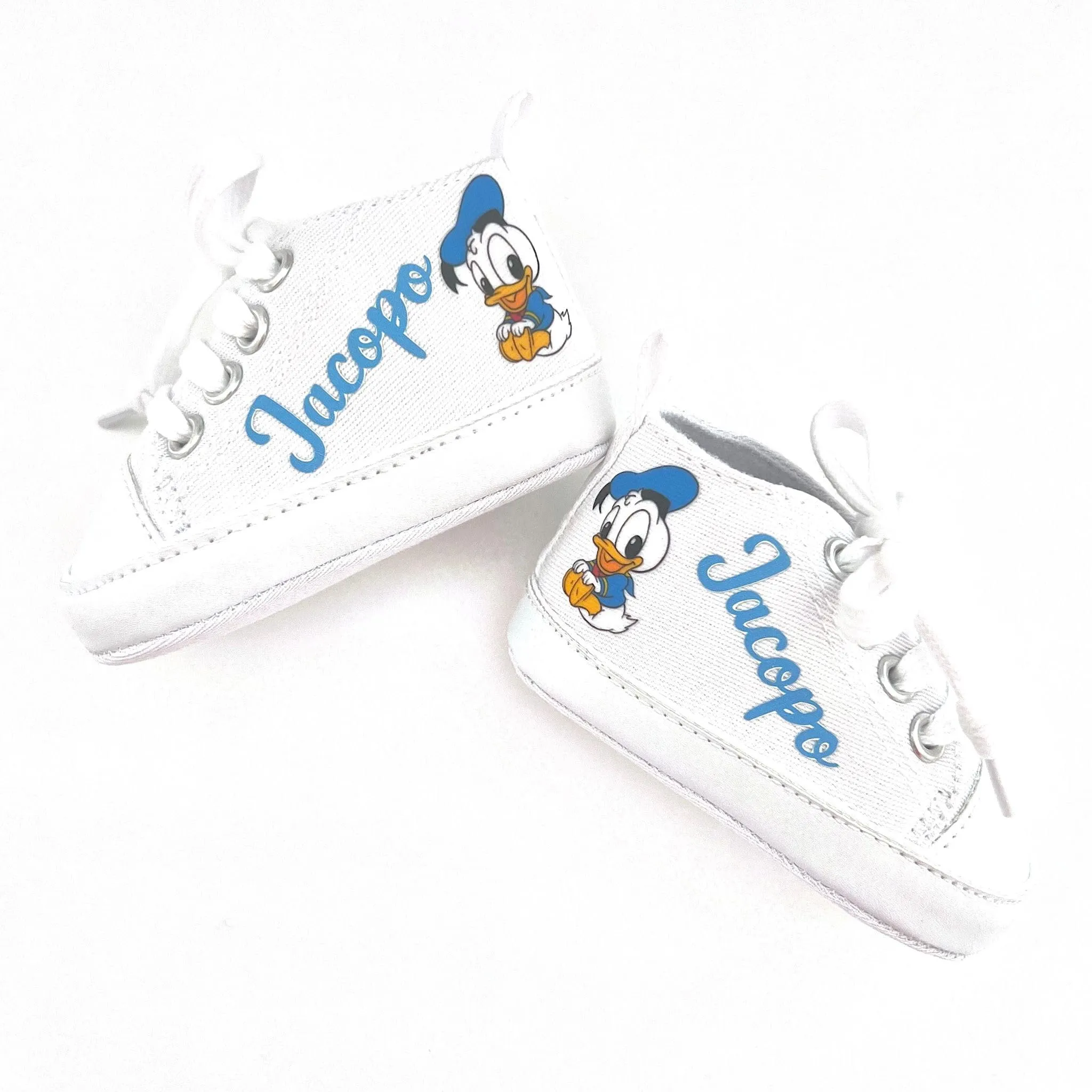 Scarpine Neonato, Scarpette Personalizzate con Nome, Scarpe da Culla con Stampa (Paperino, 6-9 mesi)