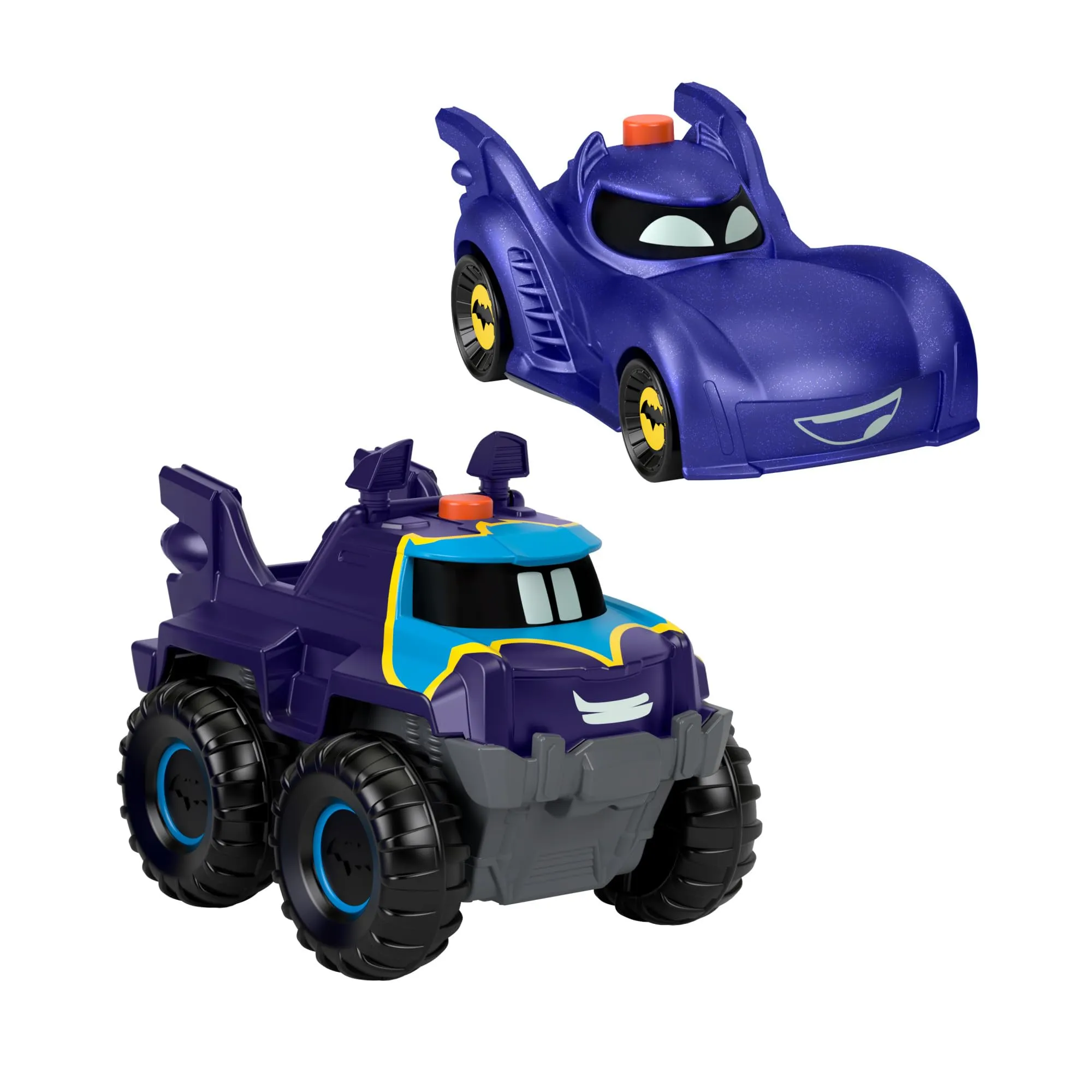 Fisher-Price DC Batwheels - Set da 2 macchinine luminose in scala 1:55, include Bam la Batmobile e Buff il Bat-Furgoncino, veicoli a pile con effetti luminosi, giocattolo per bambini, 3+ anni, HML25