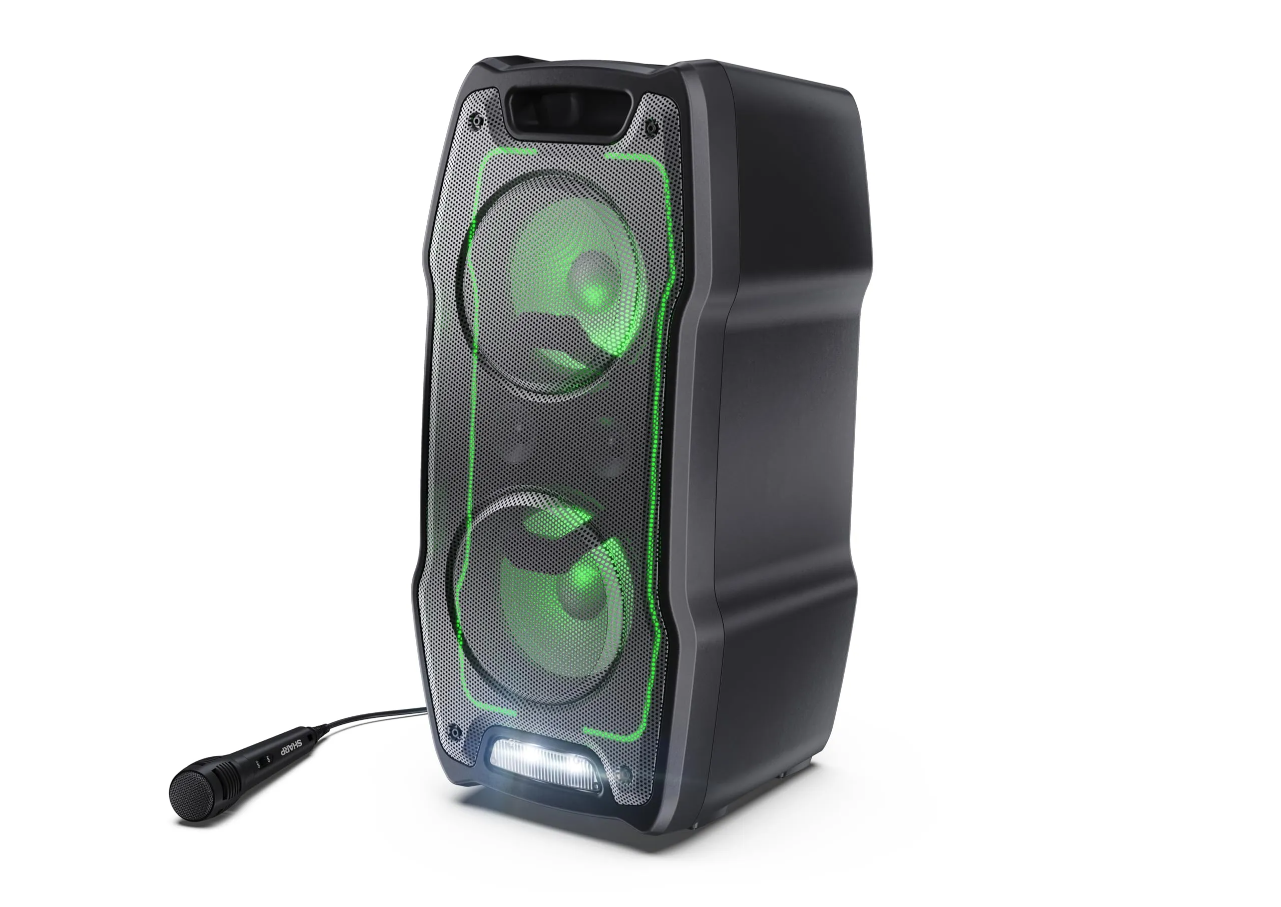 Sharp PS-931 Party Speaker, microfono, TWS, Bluetooth, 2xUSB, 2 porte da 6,3 mm per microfono e chitarra, luci multicolori, 180W P.maxima, batteria litio integrata con fino a 13 ore di riproduzione