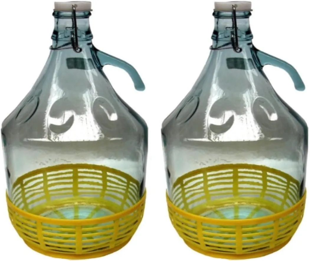 Damigiana, Fiasco, Bottiglie di Vetro, da 5 l, con Chiusura a Tappo ERMENTICO e cestello - Dama Vetro 5L per Acqua Vino Olio - BOCCIONE Vetro per STOCCAGGIO