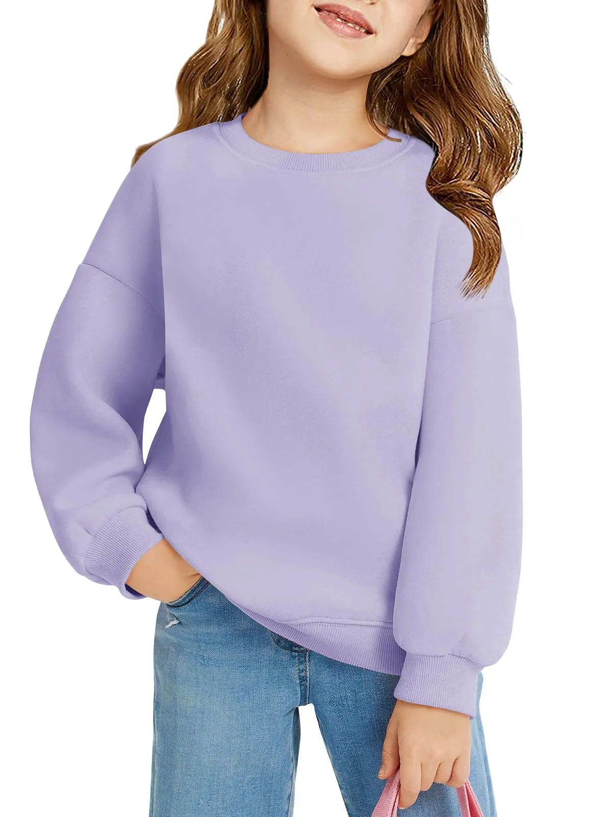 Haloumoning Felpa da ragazza con girocollo oversize per bambini, pullover leggero sportivo a maniche lunghe, maglietta a maniche lunghe tinta unita basic, top 5-14 anni, Lilla, 11-12 Jahre
