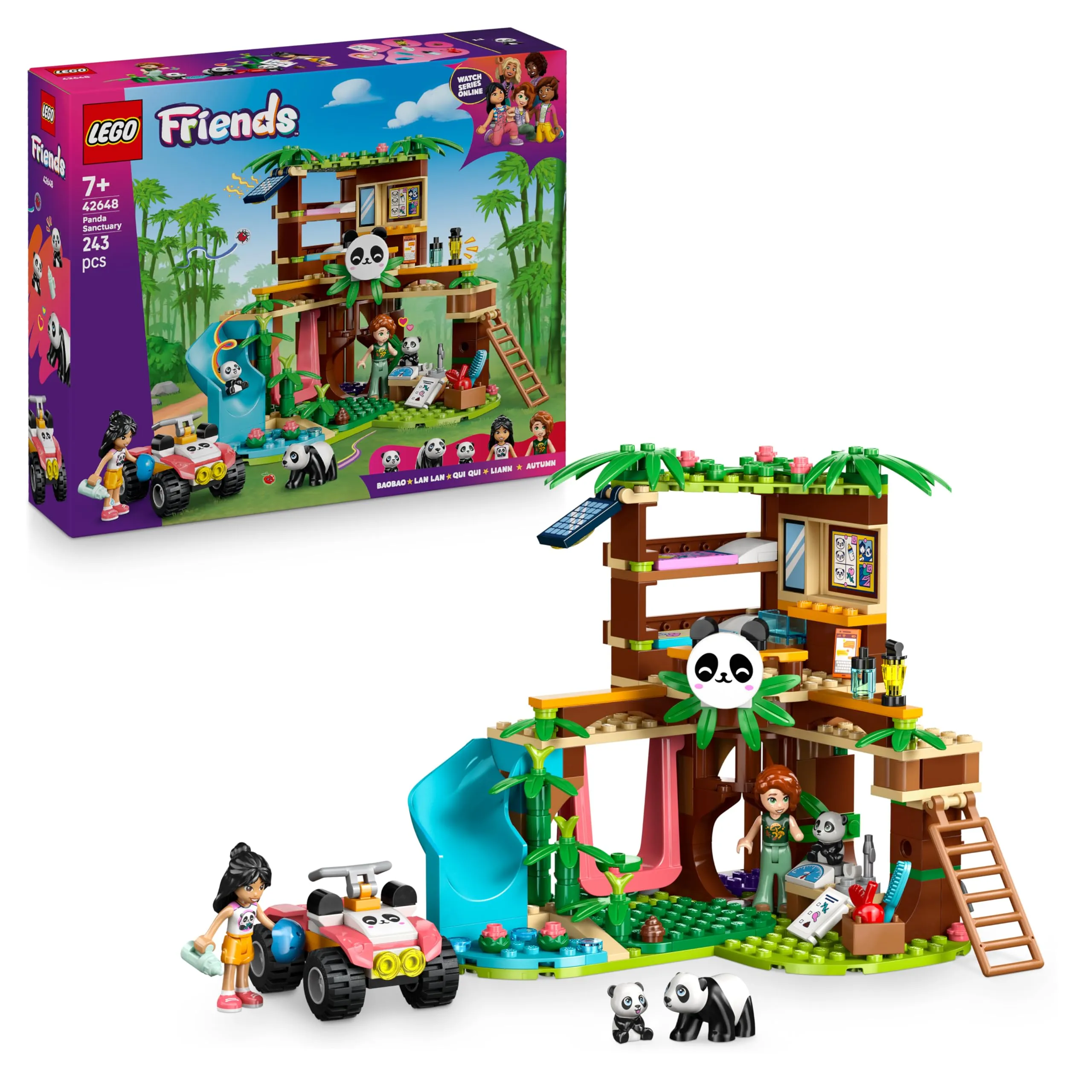 LEGO Friends Il Santuario dei Panda Giocattolo per la Cura degli Animali con Casa sull'Albero, Veicolo ATV, 2 Mini Bamboline e 3 Panda - Giochi Creativi per Bambine da 7 Anni in su - 42648