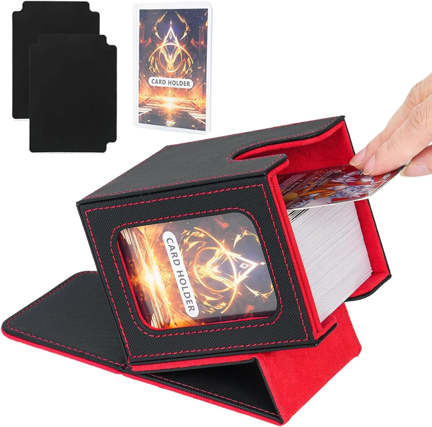 IVODEELA Deck Box con Due Divisori,Magnetic Flip Deck Box Magic mit Display per MTG Magic Commander TCG,Porta Deck Capacità di 100+ Carte,Pelle PU Deckbox,Nero Rosso
