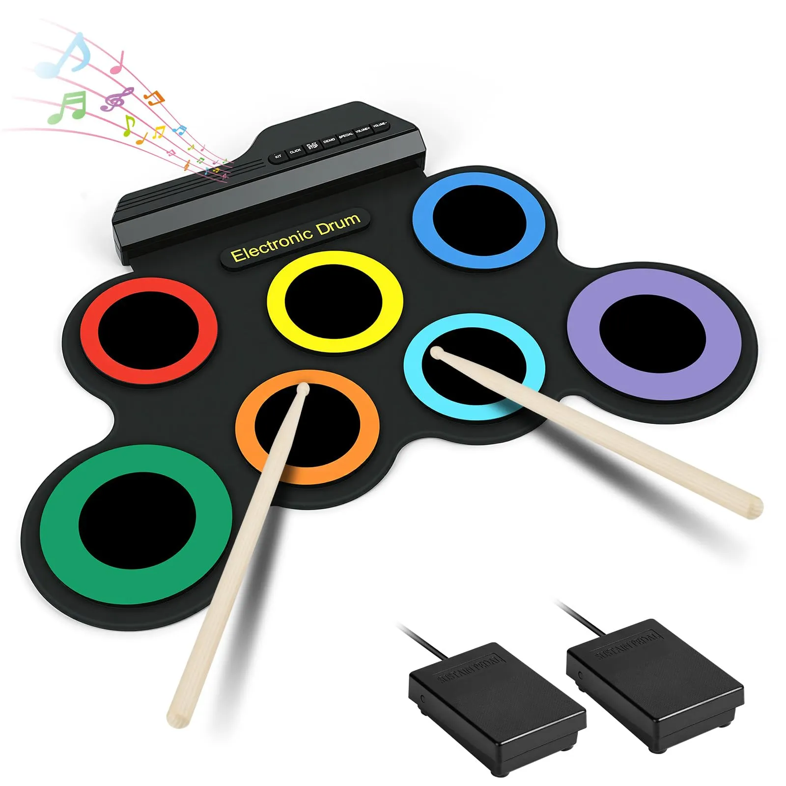 OFFCUP Batteria Elettronica Portatile, 9 Pads Electronic Drum Kit con 2 Bacchette e Pedali, con Altoparlanti Stereo, Colorat Pieghevole Roll Up Tamburo Digitale per Bambini, Adulti e Principianti