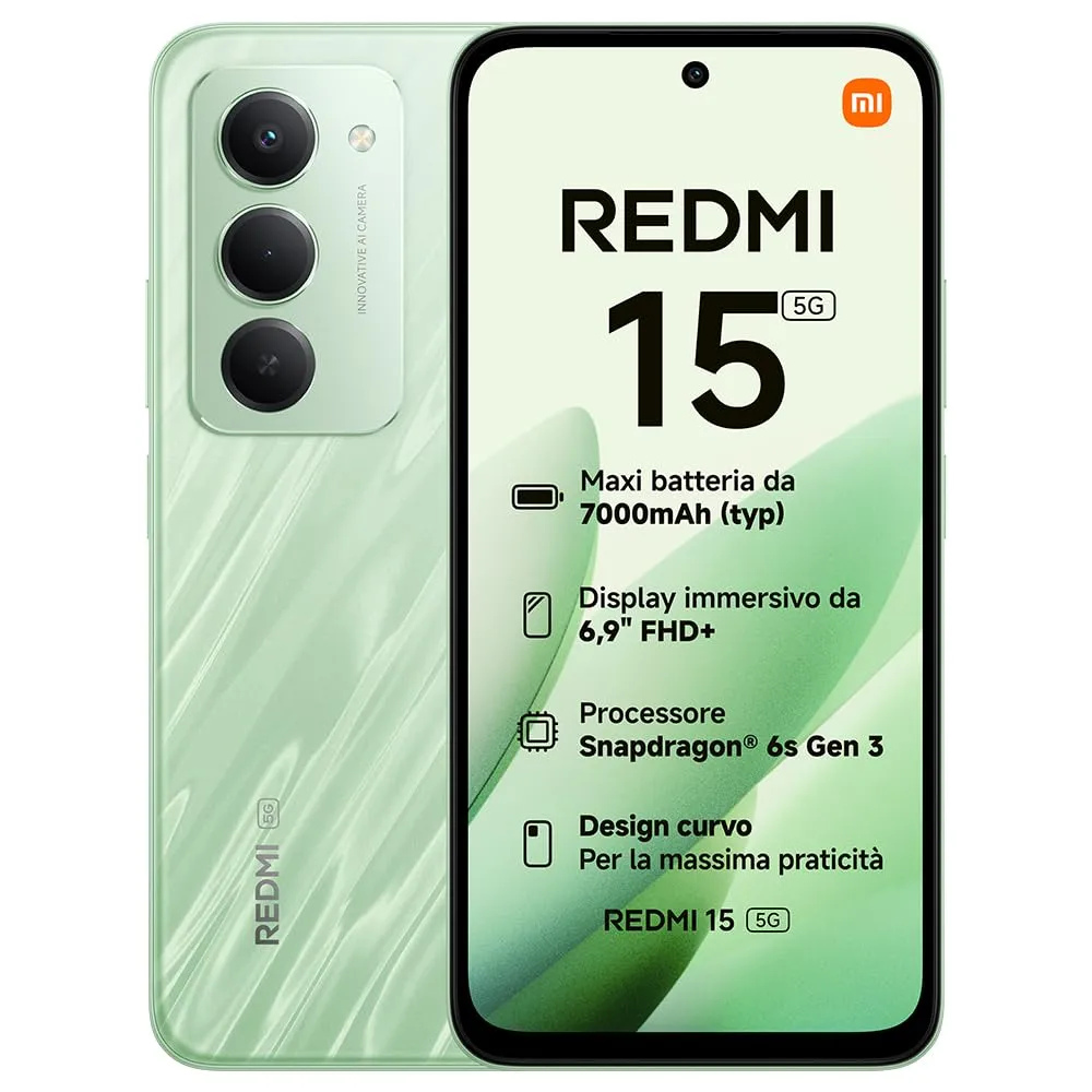 Xiaomi Redmi 15 5G, Smartphone 8+256GB, Display FHD+ da 6,9" 144Hz, Snapdragon® 6s Gen 3, Camera principale da 50MP, 7000mAh, Garanzia di 2 anni, Verde, Caricabatterie non incluso