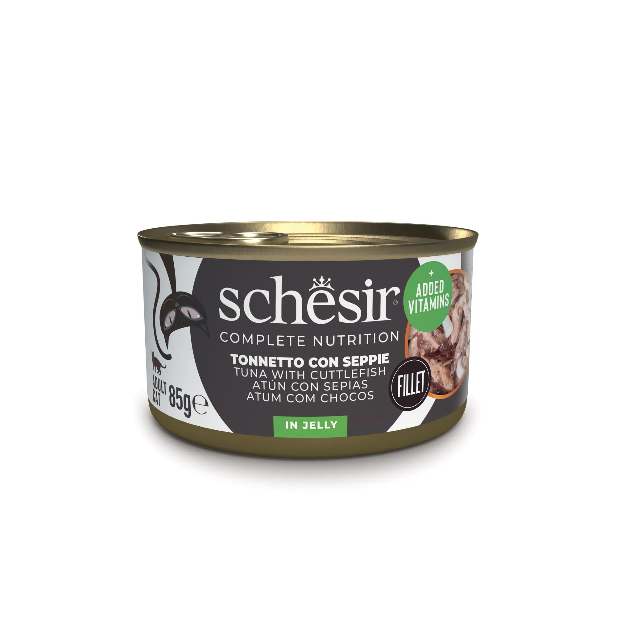 Schesir, Tonnetto con Seppie in Gelatina, Alimento Umido Completo per Gatti, in Lattina, Con Vitamine Aggiunte, 100% Naturale, 12 x 85g