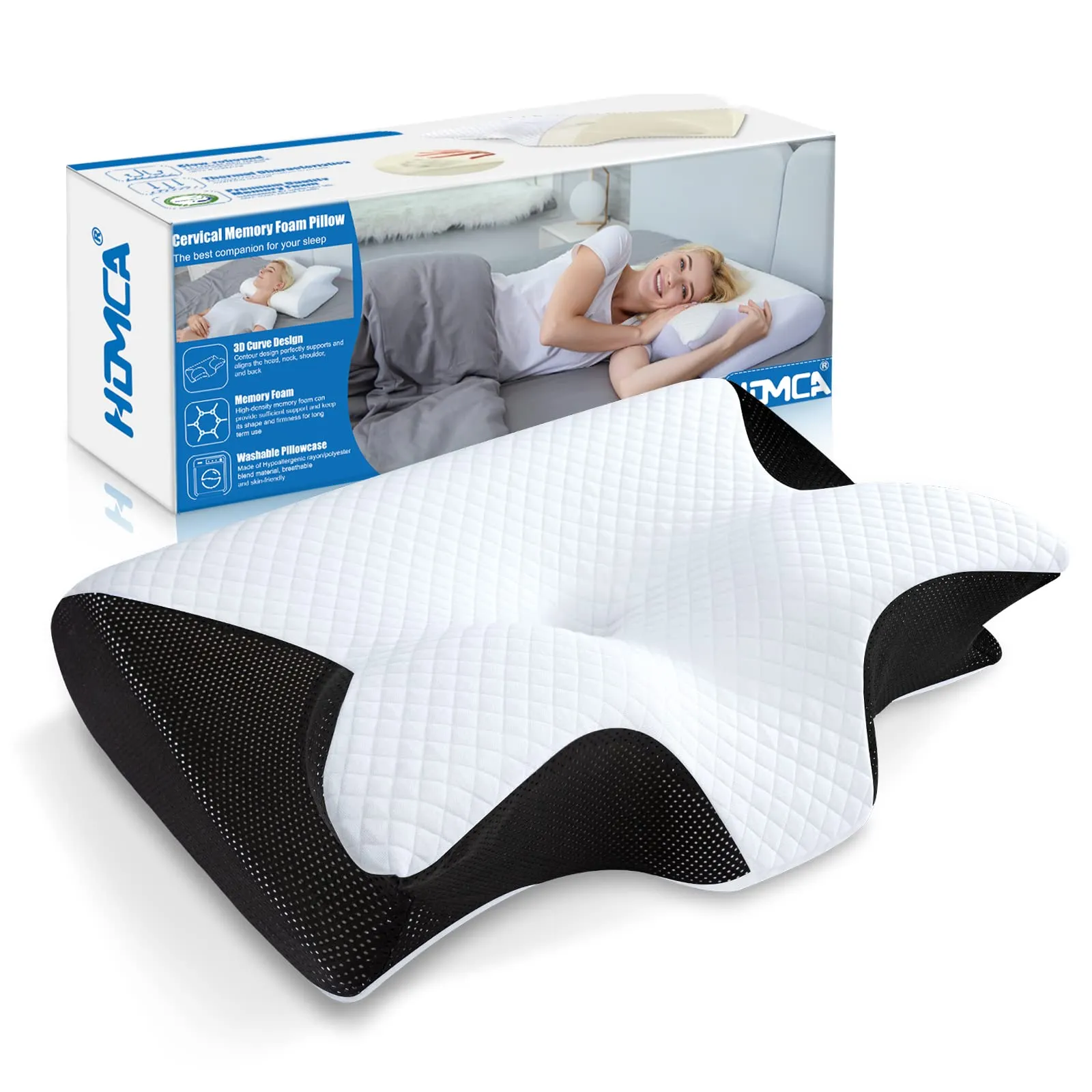 HOMCA Cuscino Ortopedico, 2 in 1 Cuscino Ergonomico in Memory Foam per Dormire, Cuscino per Supporto Cervicale con Federa Sfoderabile e Lavabile, 60 x 40 x 11/13 cm, Nero