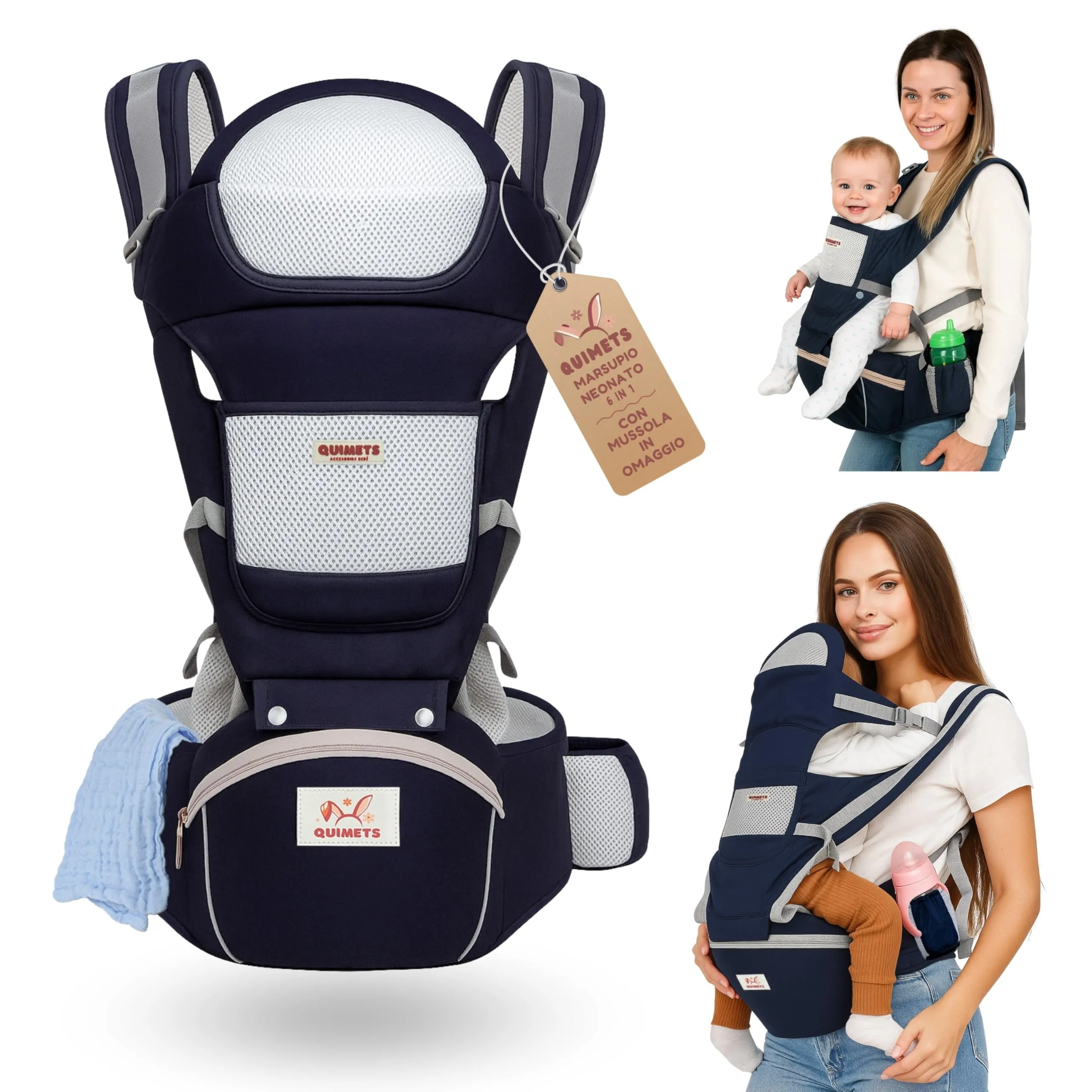 QUIMETS | Marsupio neonato 0-36 mesi ergonomico 6 in 1 – Zaino porta bambino regolabile con seduta removibile, supporto lombare, tessuto traspirante e mussola in omaggio