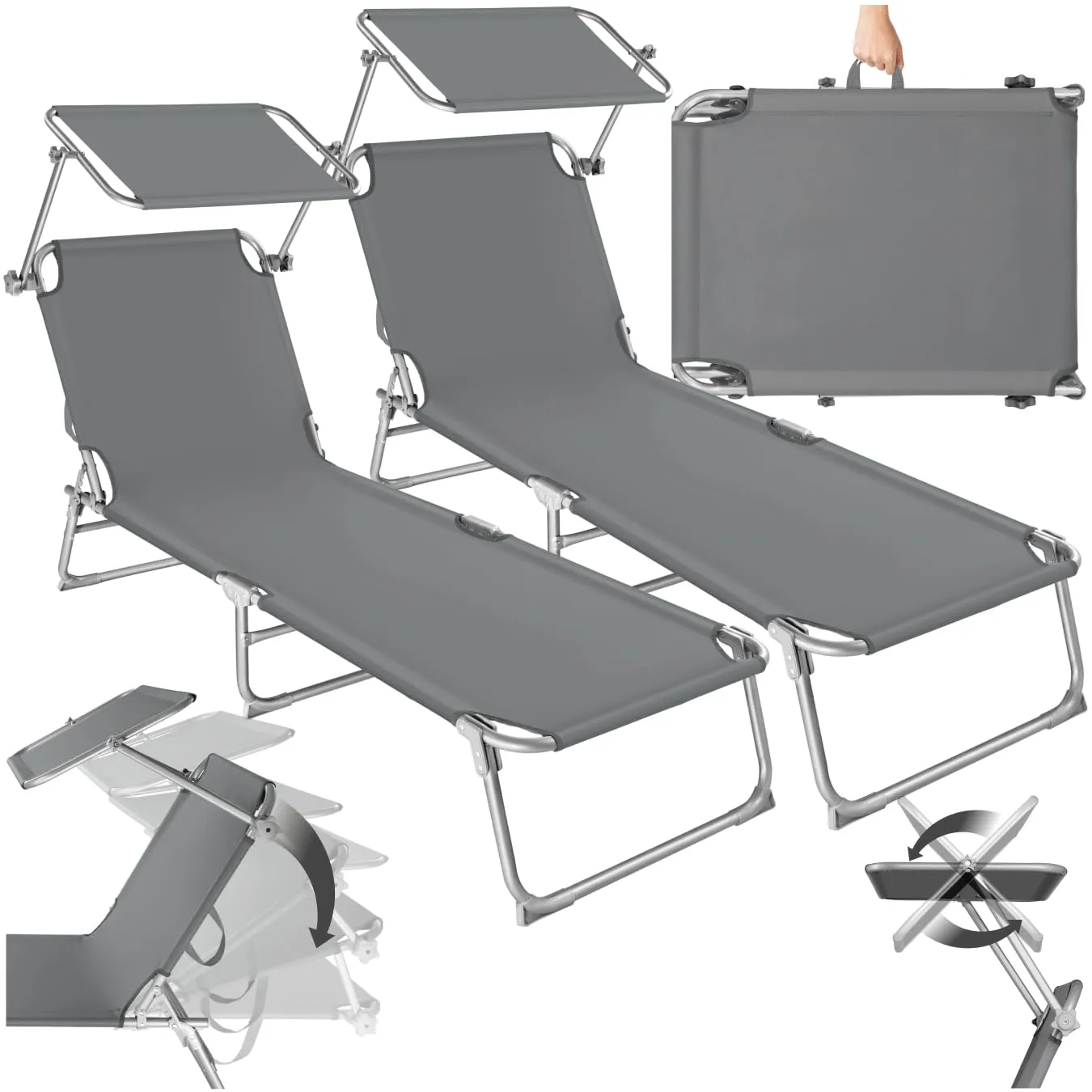 TecTake® 2 x Lettino, Lettino Pieghevole, Sedia a Sdraio per prendere il Sole, Sdraio da Giardino con Ombrello Parasole 190cm, Lettini prendisole pieghevoli - Grigio