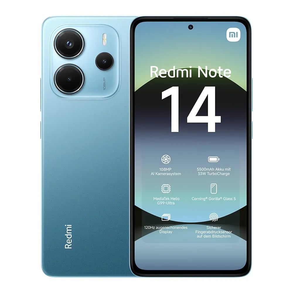 Xiaomi Smartphone Redmi Note 14, 8+256GB, Sistema fotografico con AI da 108MP, batteria da 5500mAh, display Eye-Care da 120Hz, funzionalità AI (caricabatterie non incluso),Blu